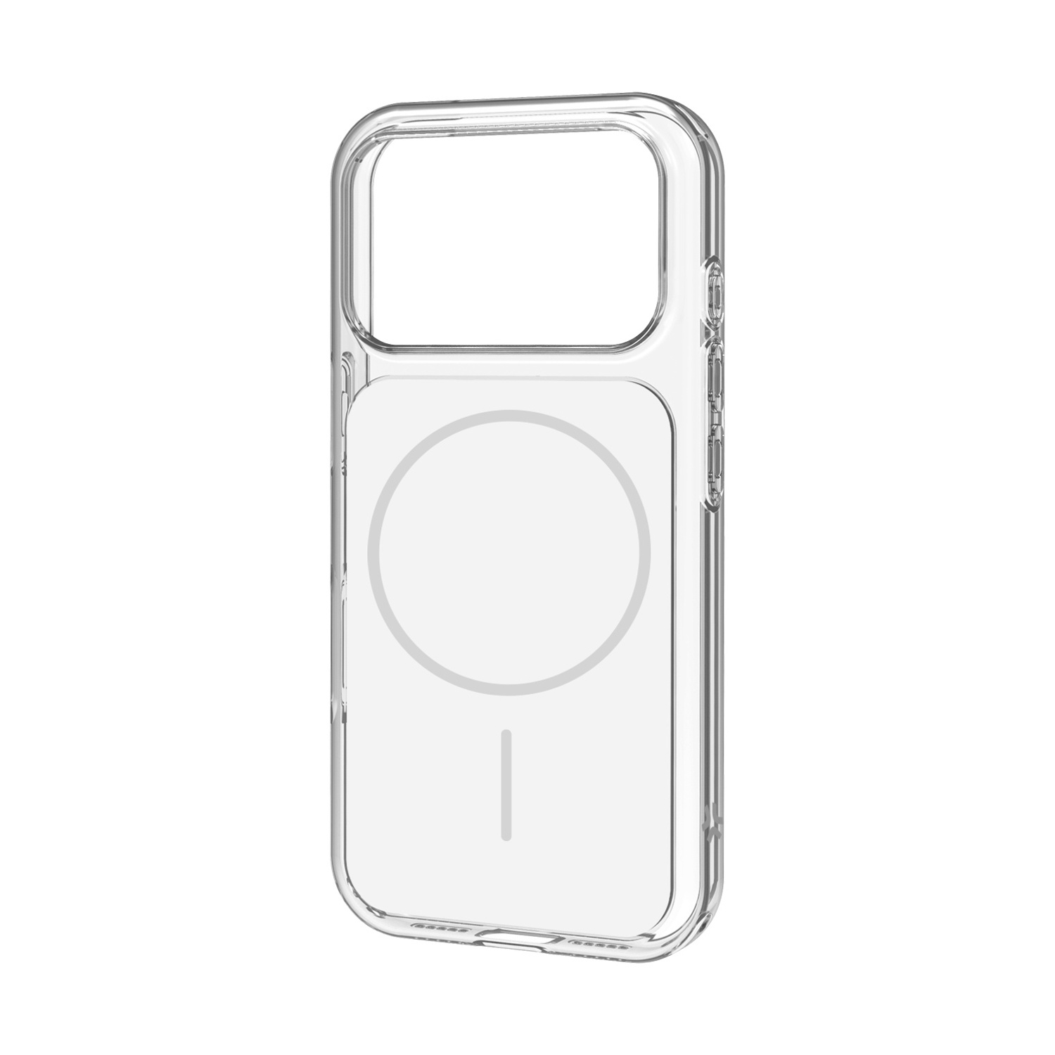 Custodia trasparente per telefono con cerchio e linea MagSafe.