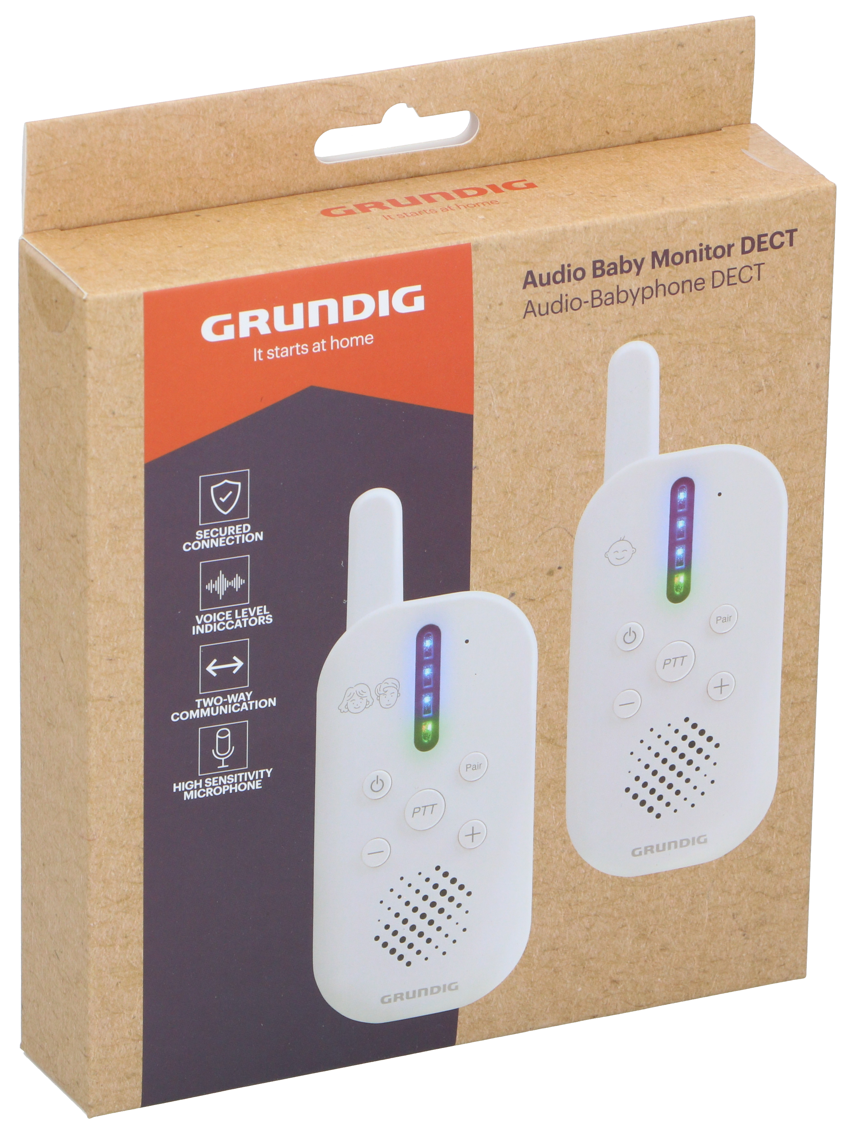 Verpackung eines Grundig Audio Baby Monitors mit zwei weißen Geräten.