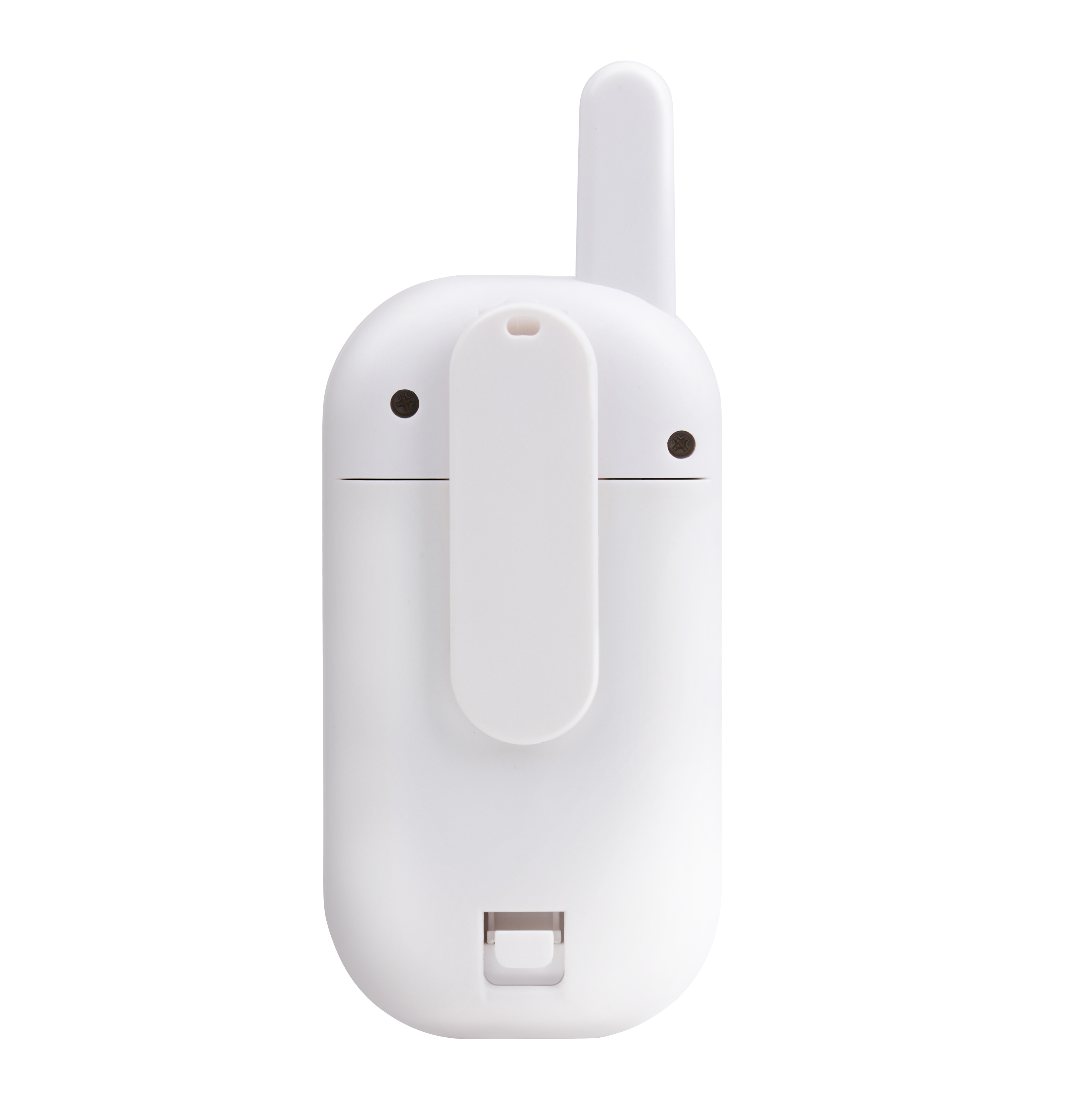 Weiße Babyphone-Einheit mit Antenne und Clip auf der Rückseite.
