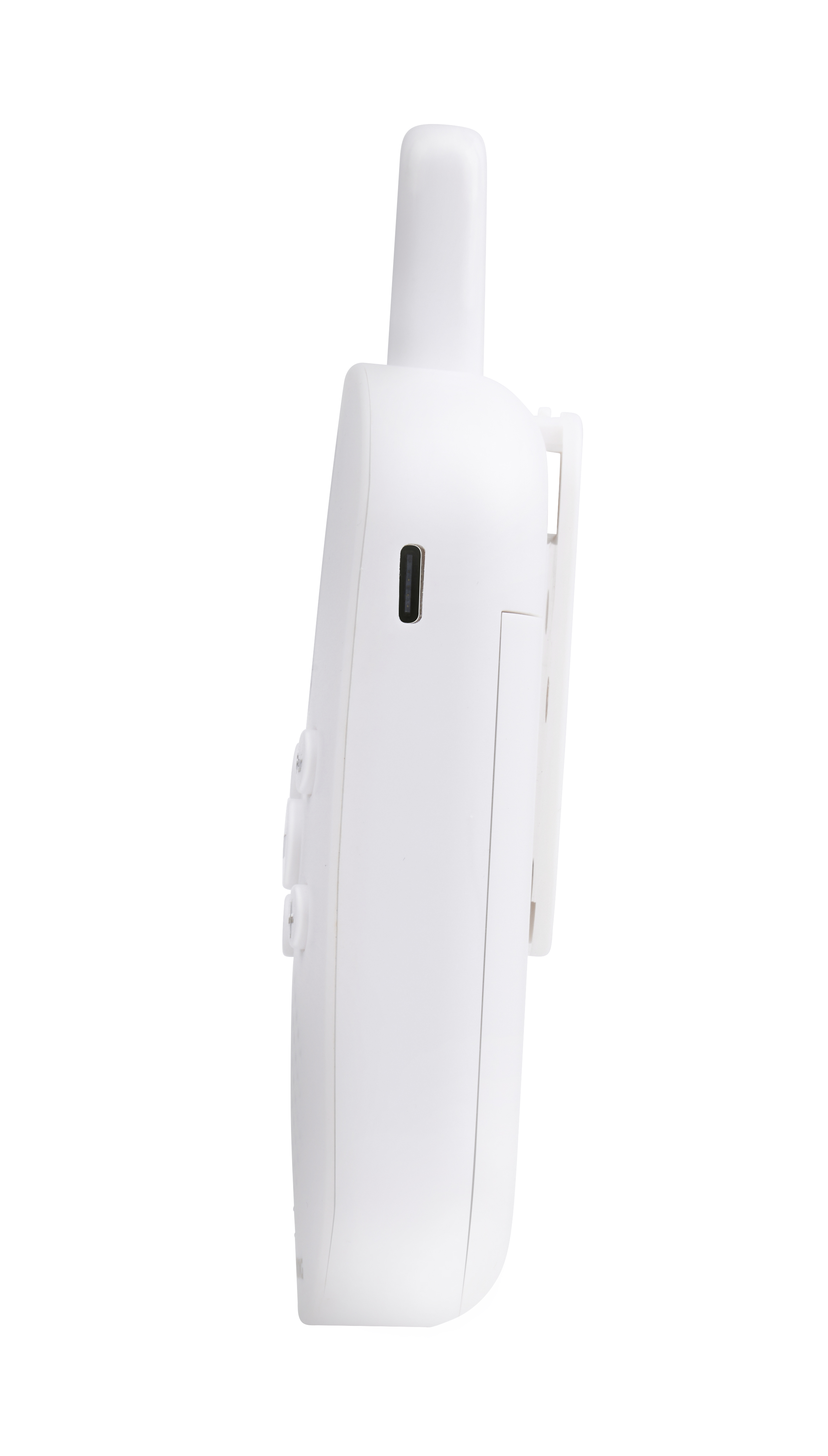 Ein weißes Funkgerät mit Antenne, USB-Anschluss und Clip im Profil.