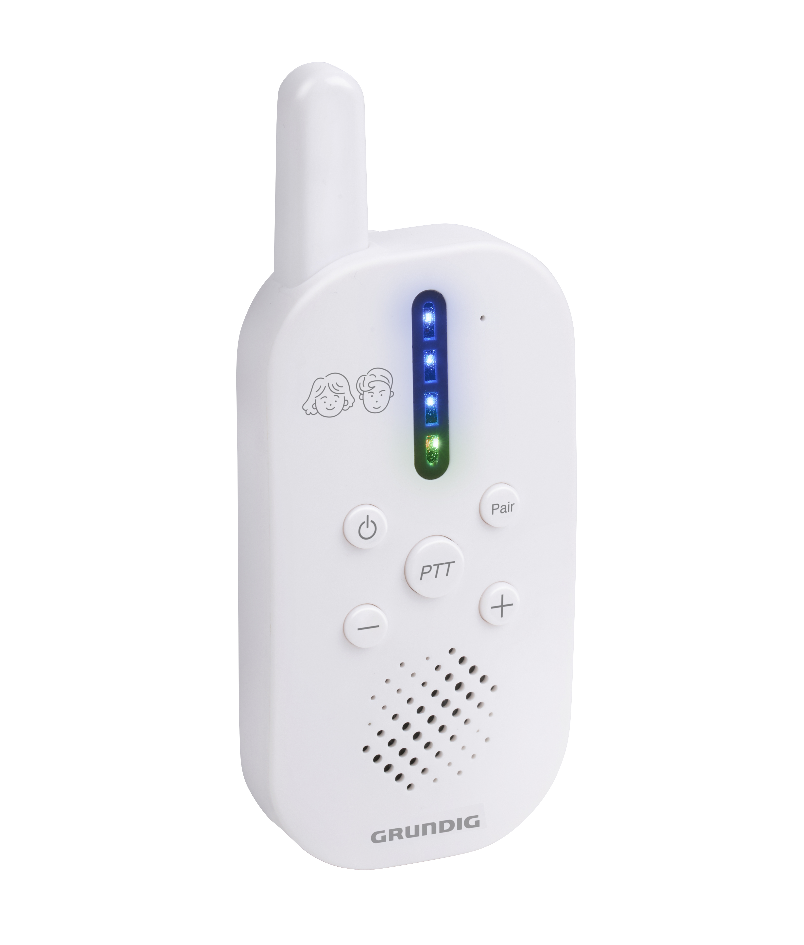 Ein weißer Babyfon-Sender mit Antenne, LEDs und Tasten.