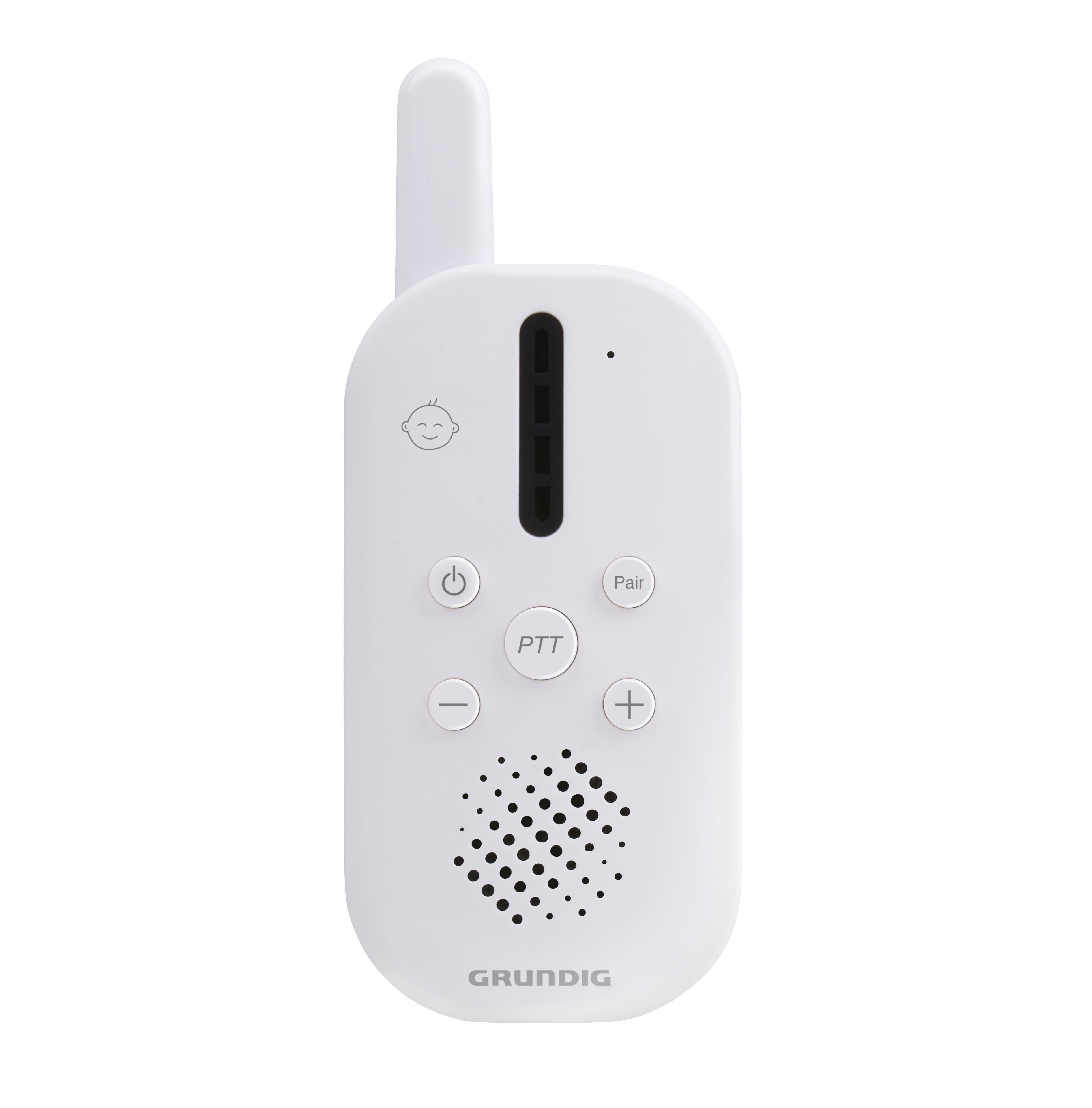 Ein weies Babyphone mit Antenne, Tasten und Lautsprechergrill.