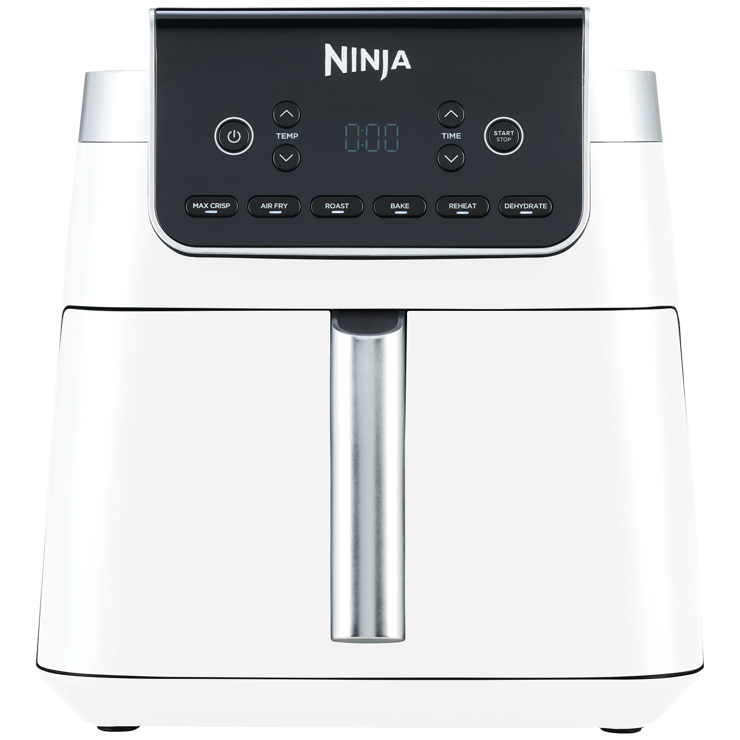 Witte Ninja airfryer met digitaal display en kookmodi.