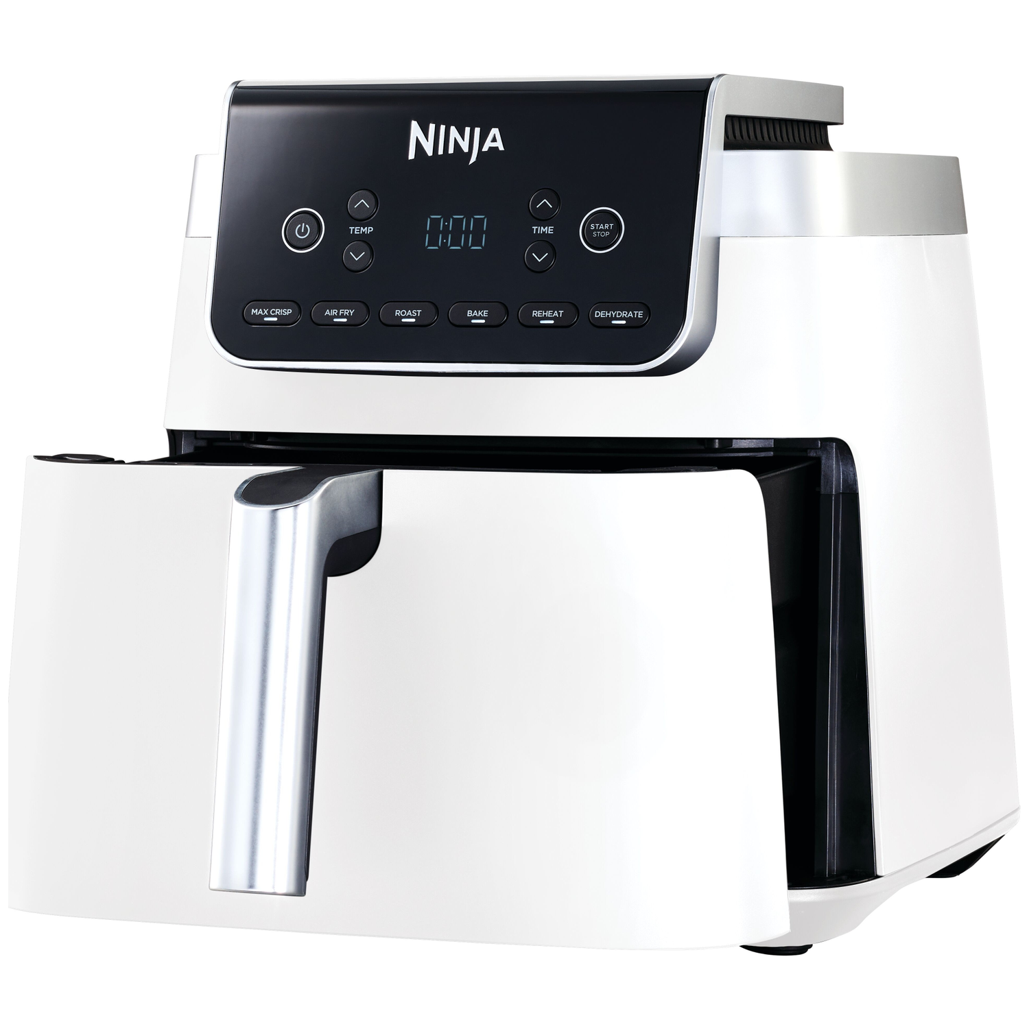 Witte Ninja airfryer met digitaal display en zilveren handvat. Op witte achtergrond.