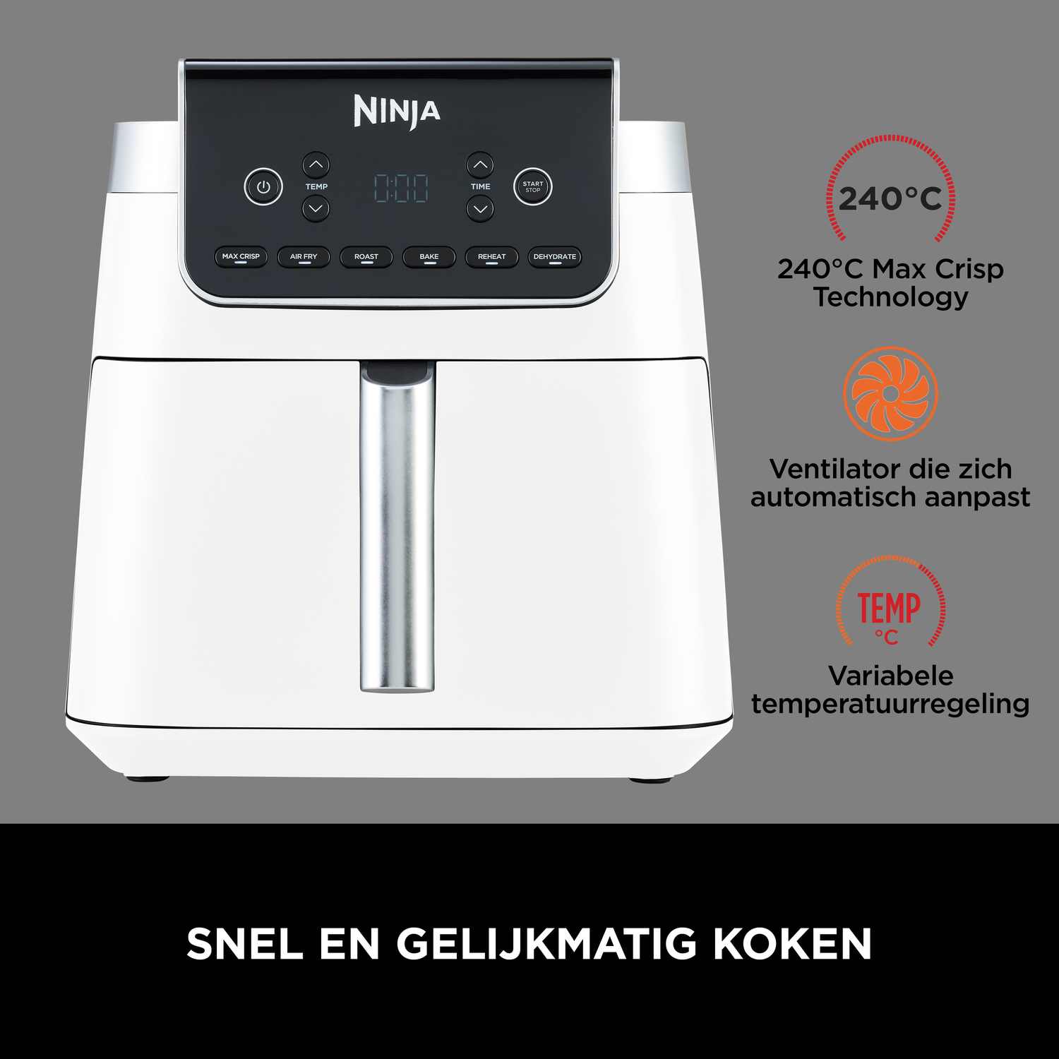 Witte Ninja airfryer met zwart bedieningspaneel en kookfuncties.