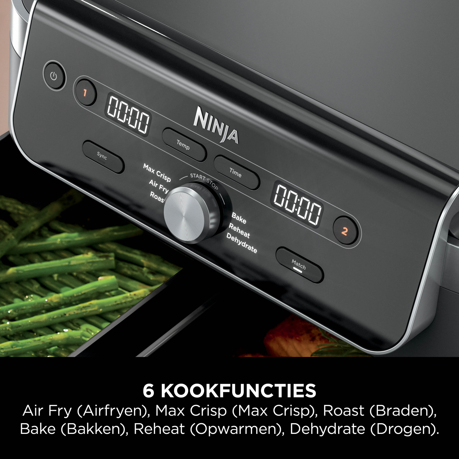 Ninja airfryer met digitale bediening en kookfuncties.