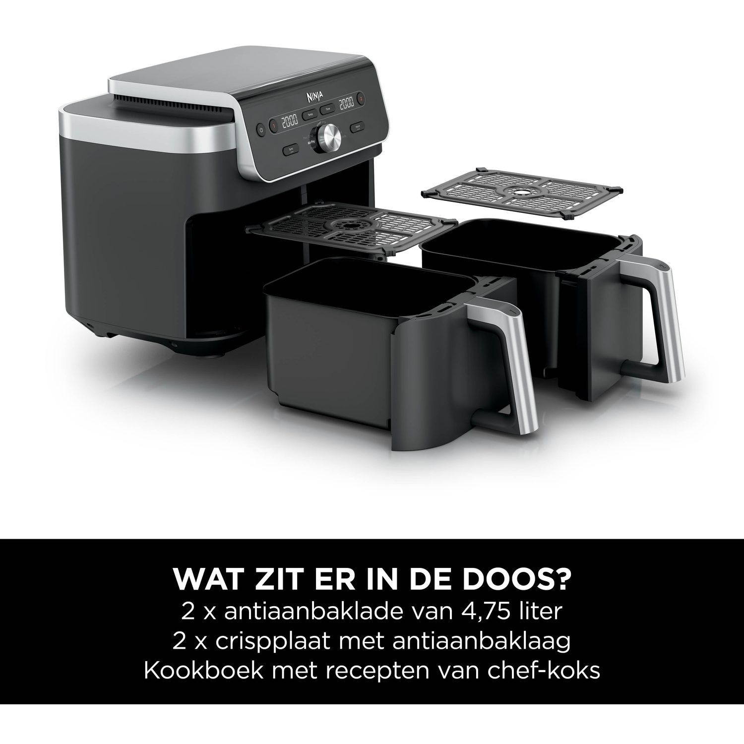 Zwarte Ninja airfryer met twee lades en twee crispplaten.