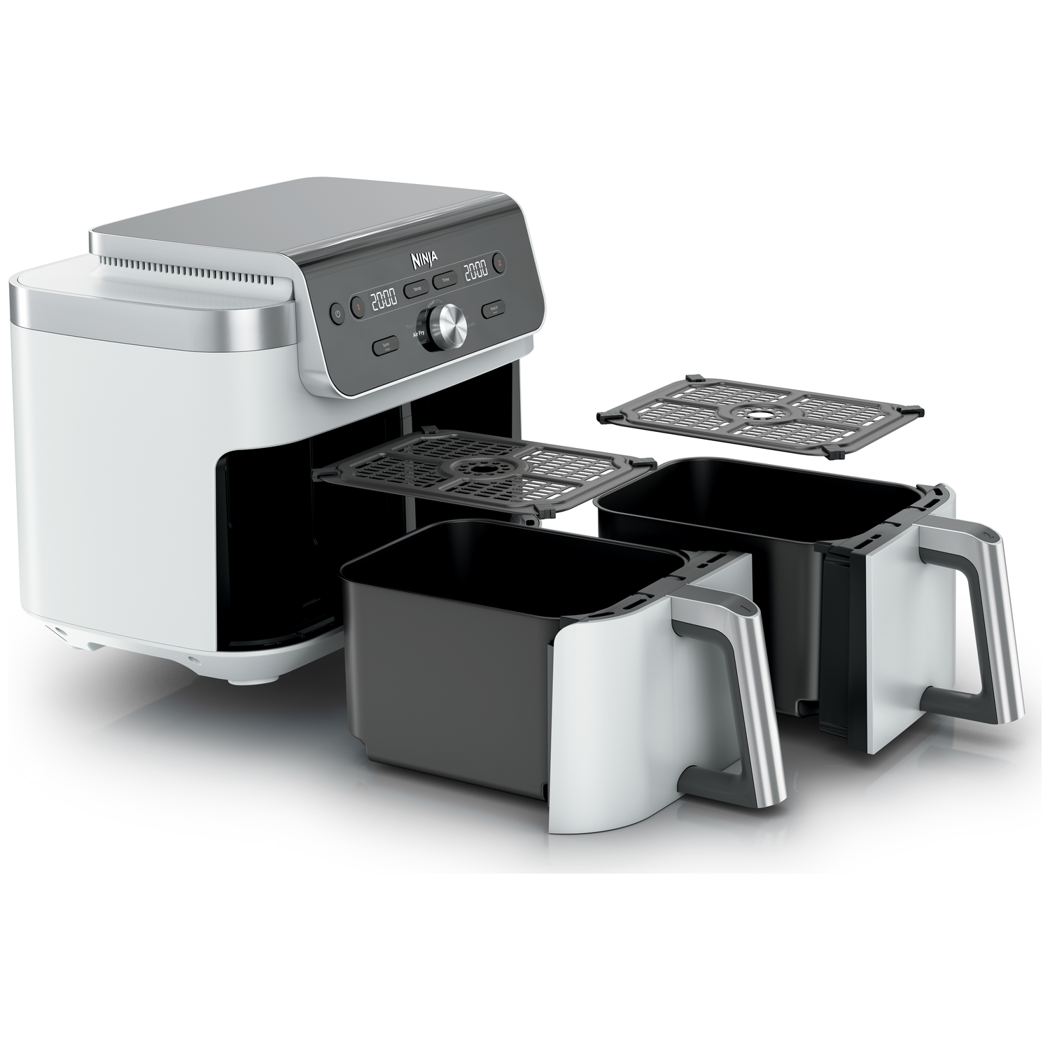 Een witte en zwarte Ninja airfryer met twee manden en rekjes.
