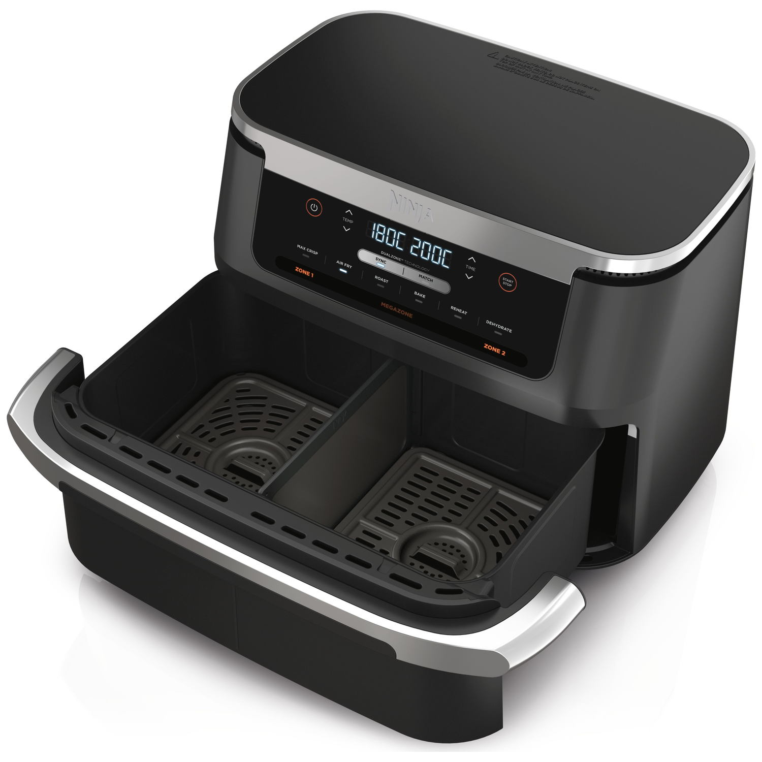 Zwarte Ninja dual-zone airfryer met digitaal display en twee uitgetrokken manden.