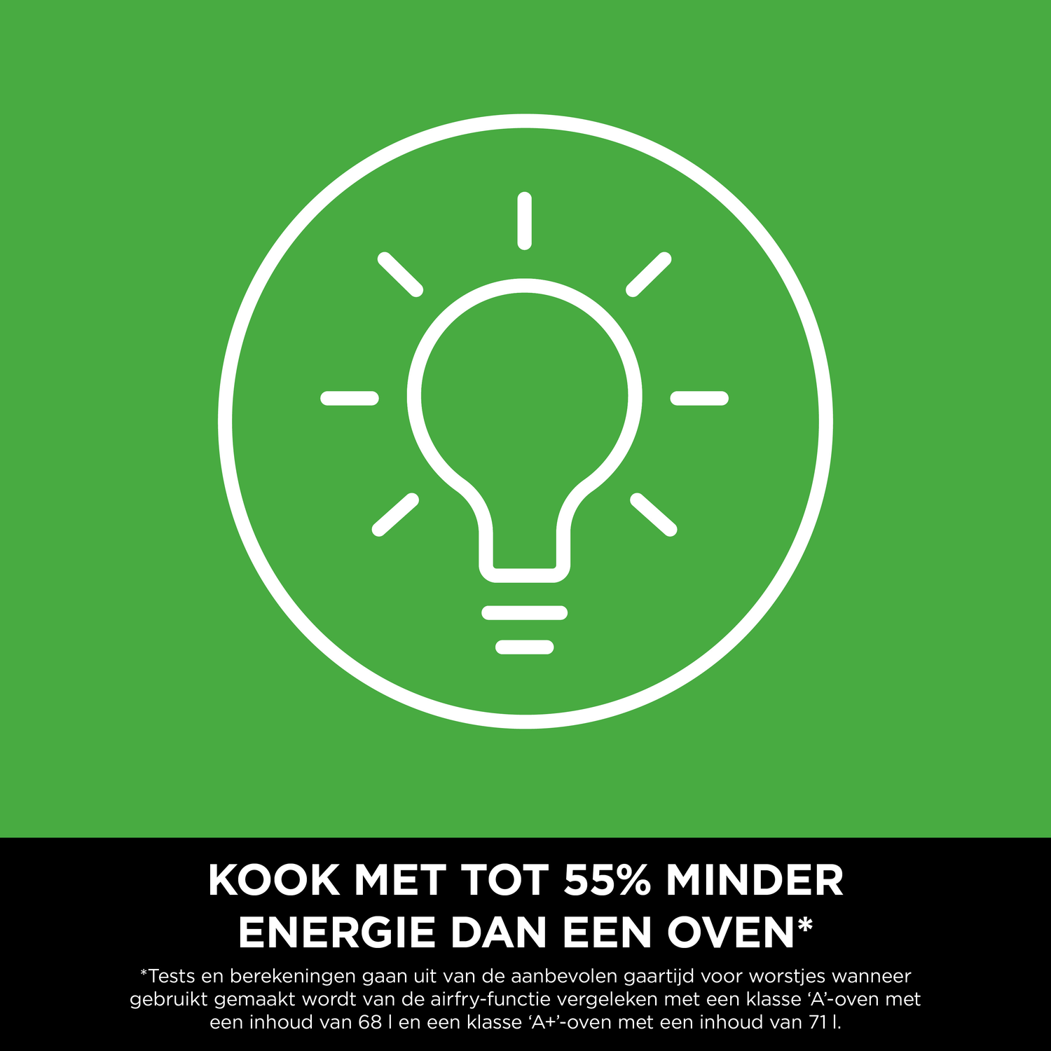 Een gloeilamp met stralen op groene achtergrond. Tekst: Tot 55% minder energie.