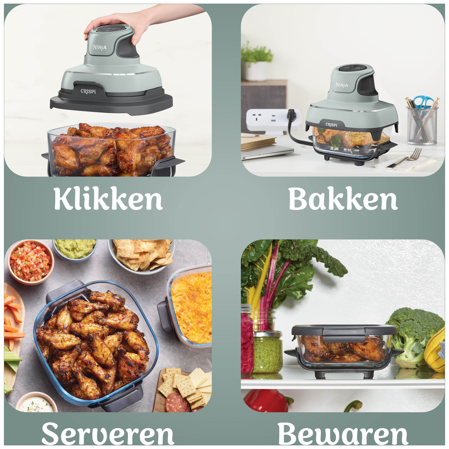 Ninja Crispi airfryer toont montage, koken, serveren en bewaren.