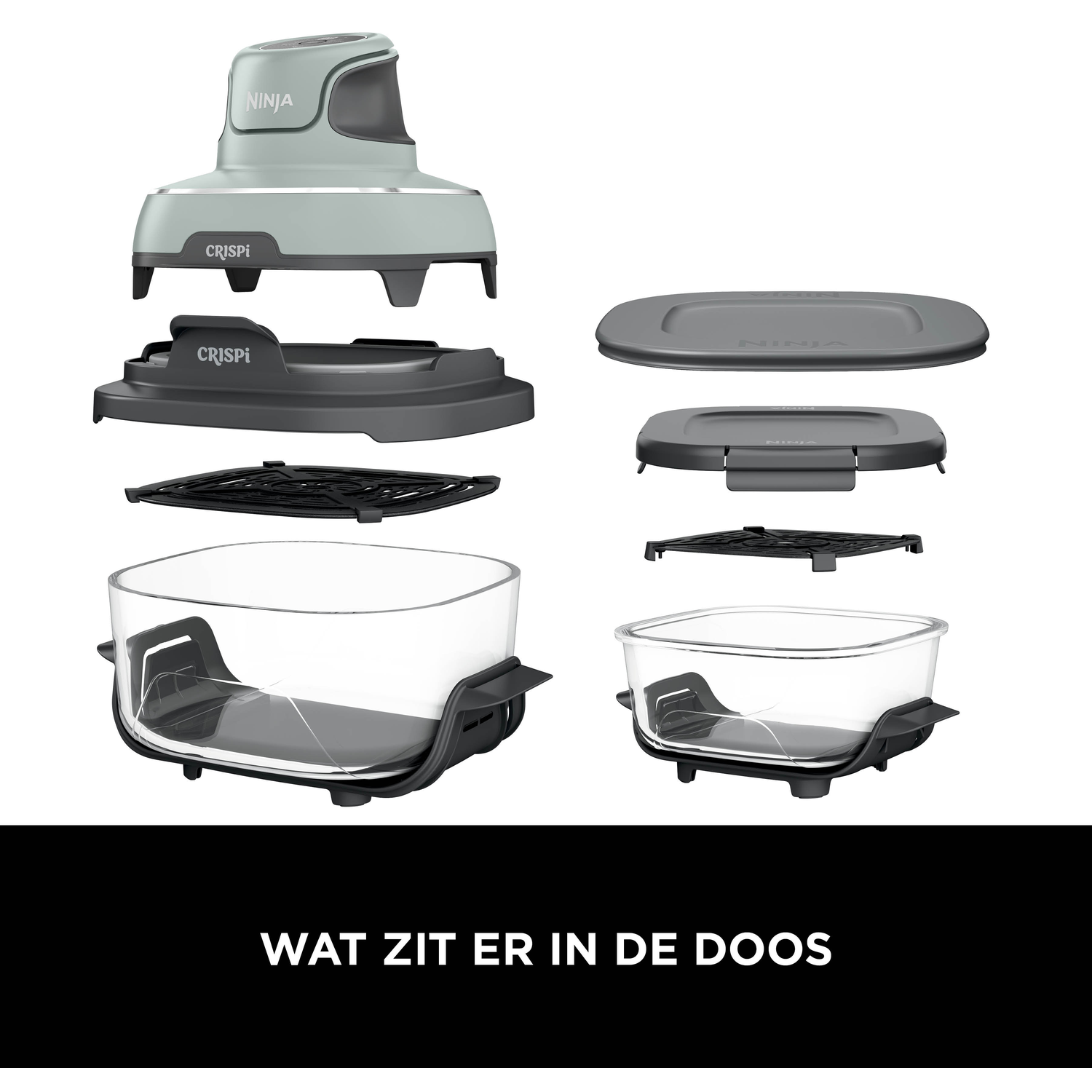 Een Ninja Crispi airfryer set met accessoires en glazen mand.