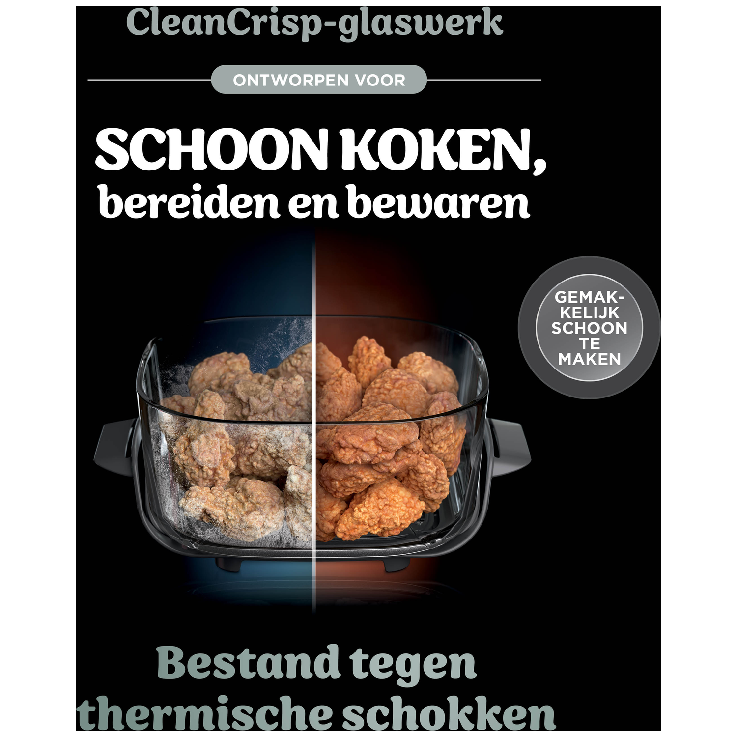 Glazen schaal met rauwe en gefrituurde kip, "CleanCrisp-glaswerk"