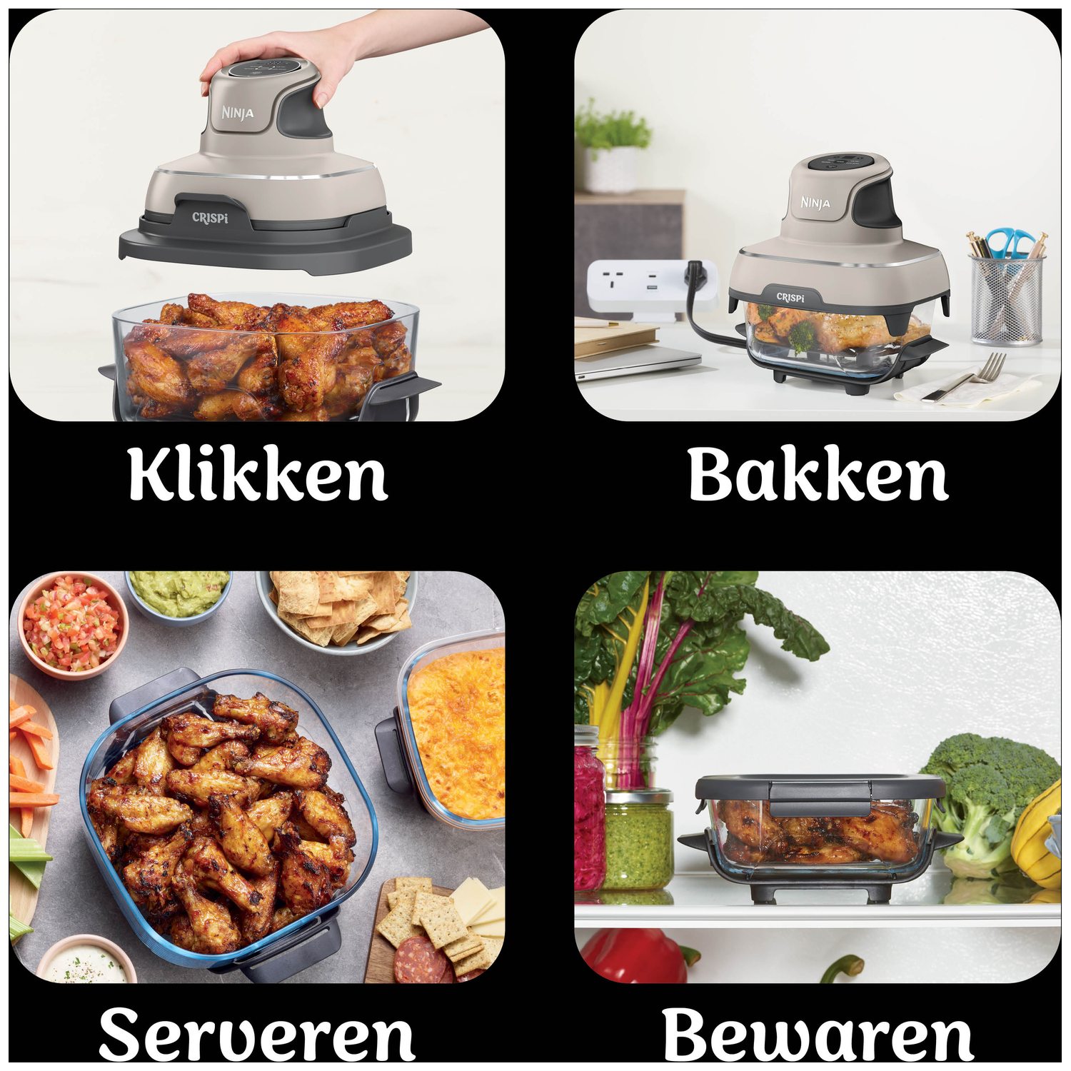 Ninja Crispi Air Fryer: Deksel boven kippenvleugels, klikfunctie.