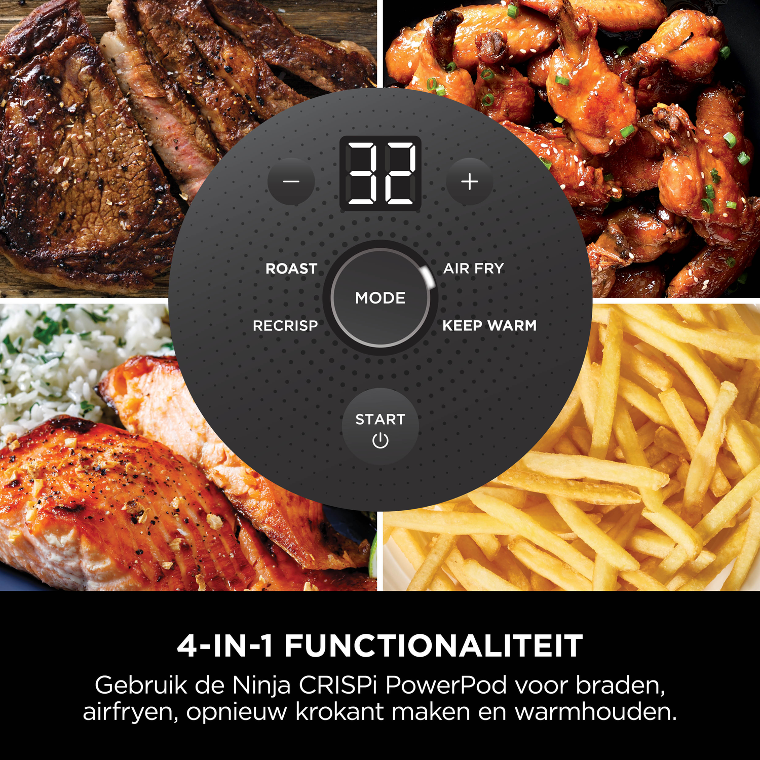 Geroosterd steak, kippenvleugels, zalm en frietjes naast een bedieningspaneel.