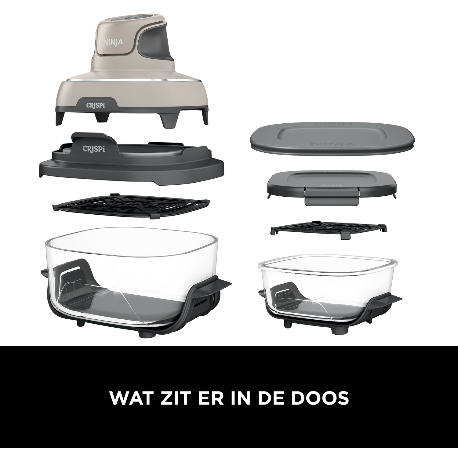 Gedemonteerde onderdelen van een Ninja Crispi airfryer set met glazen kan en accessoires.