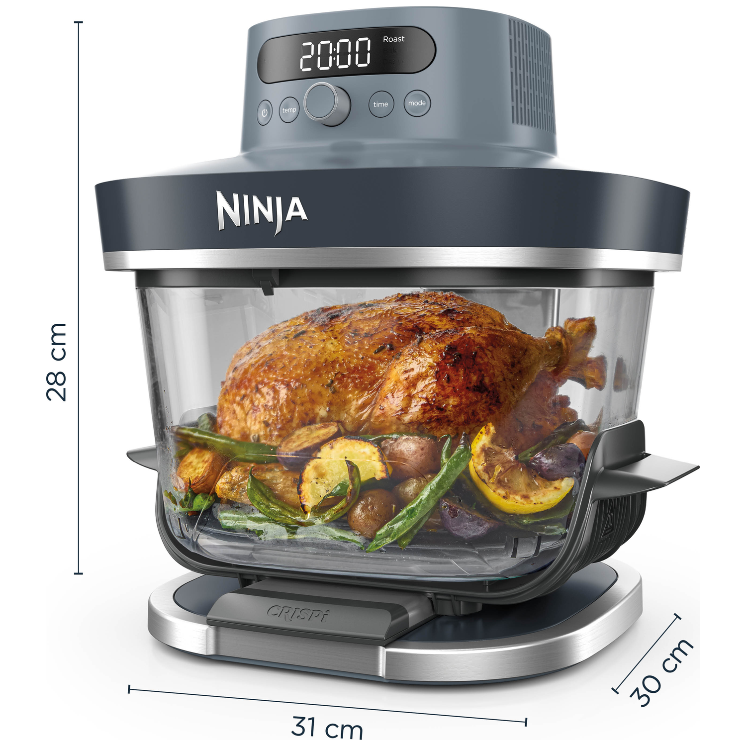 Ninja airfryer met geroosterde kip, aardappelen, sperziebonen en citroen.