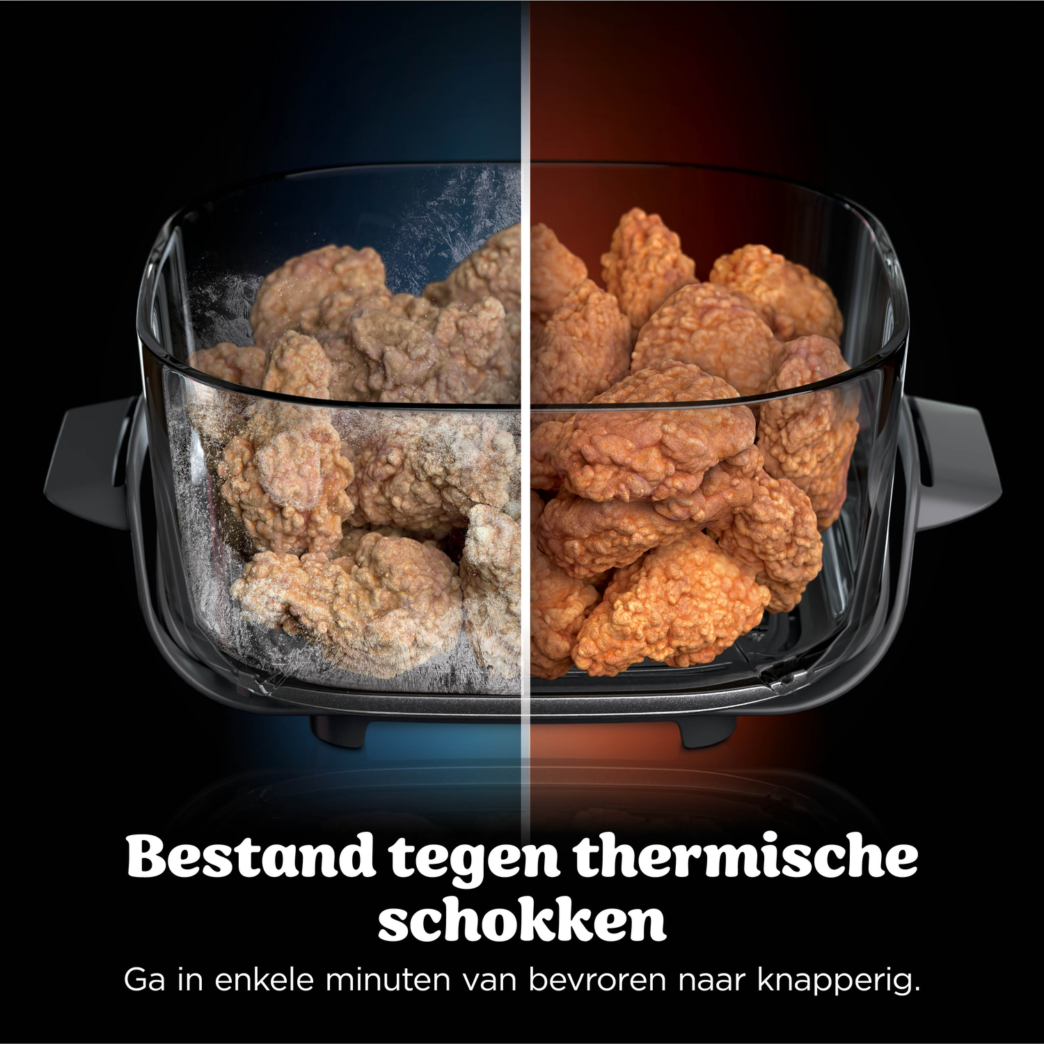 Een glazen bak toont naast elkaar bevroren en knapperige gefrituurde etenswaren.