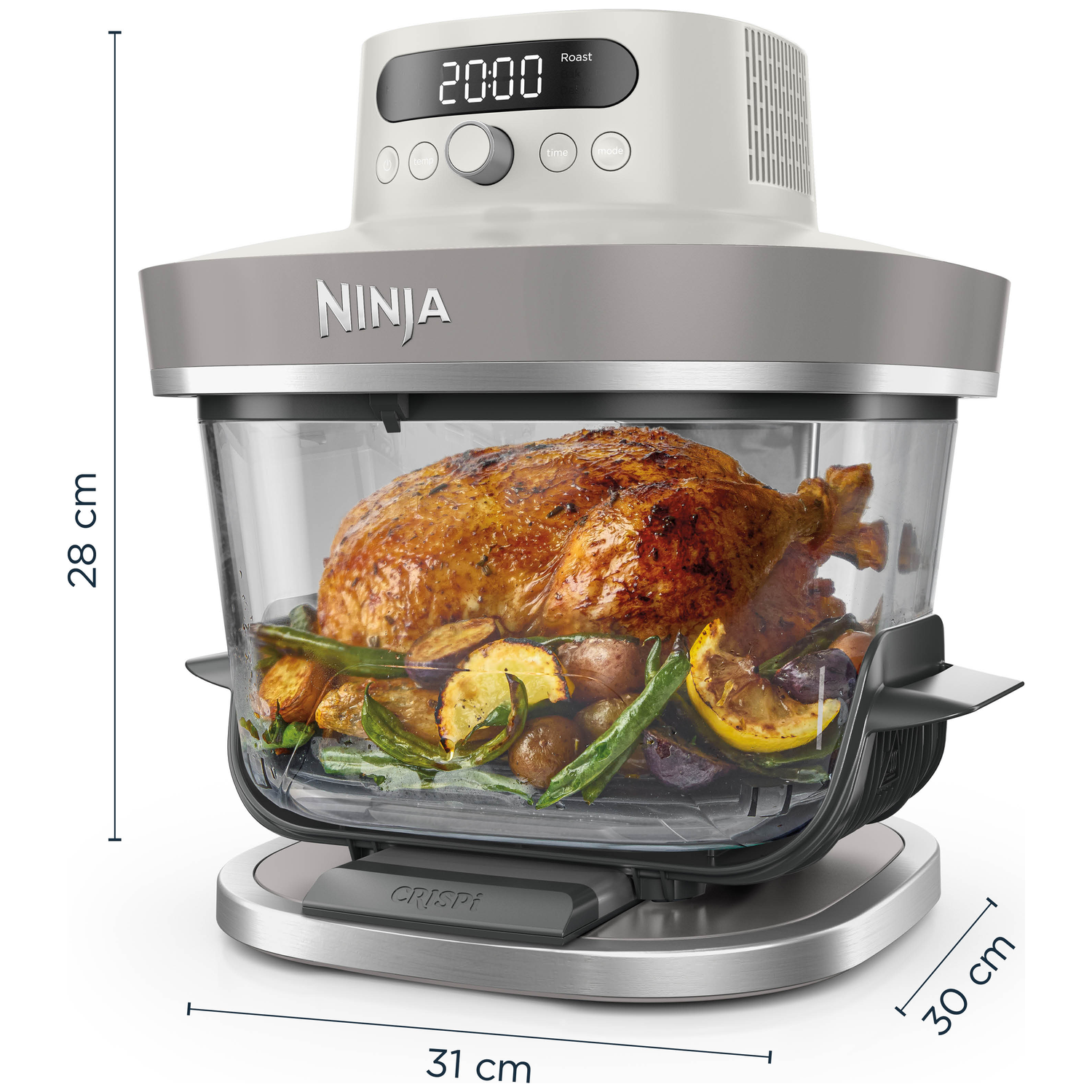 Een Ninja airfryer oven met geroosterde kip en groenten.