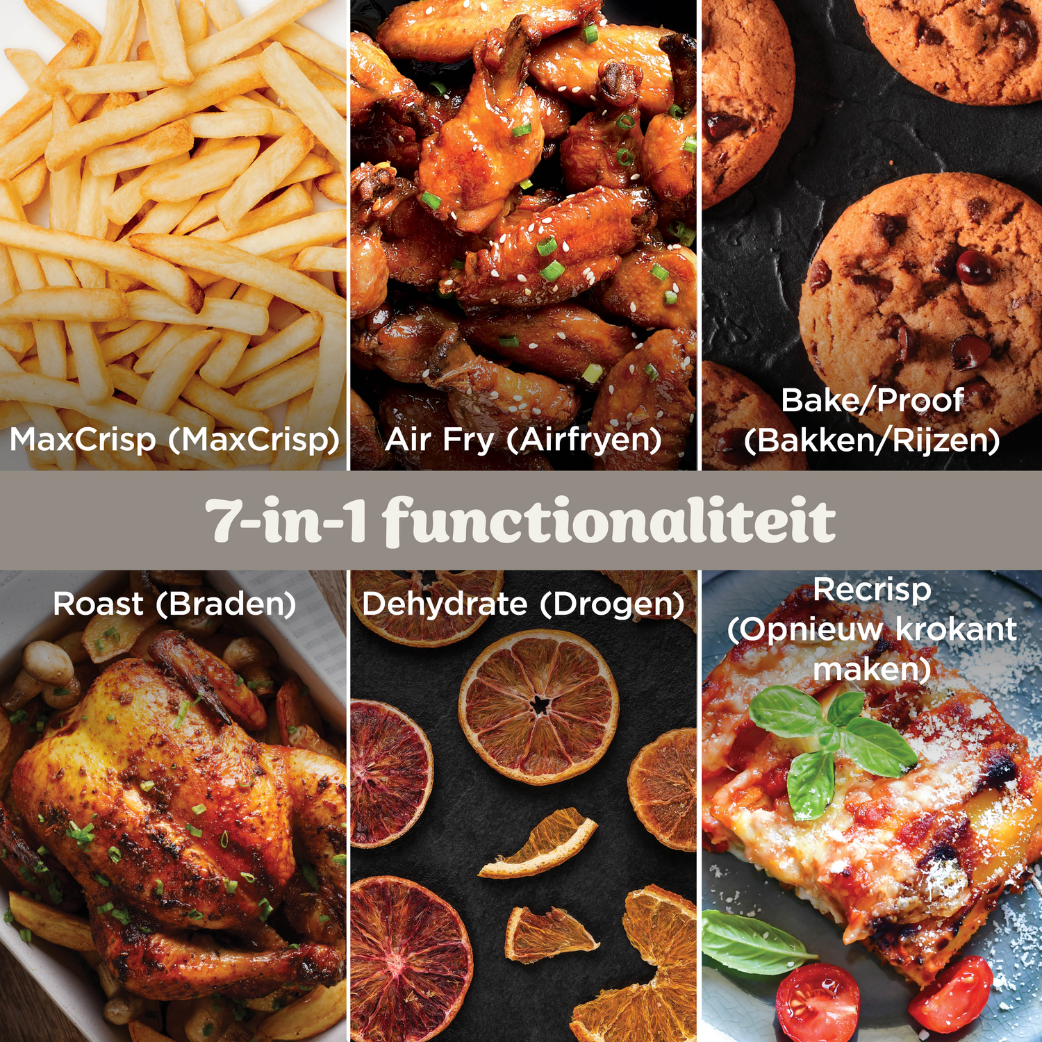 Collage van voedsel: friet, vleugels, koekjes, gebraden kip, gedroogd fruit, lasagne.