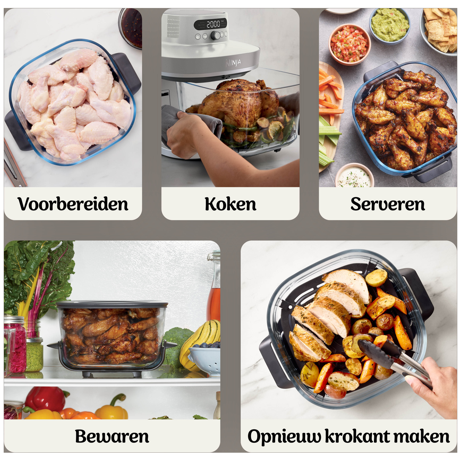 Rauwe kippenvleugels, gekookte kip, gekookte vleugels, opgeslagen vleugels en gekookte kip met groenten.
