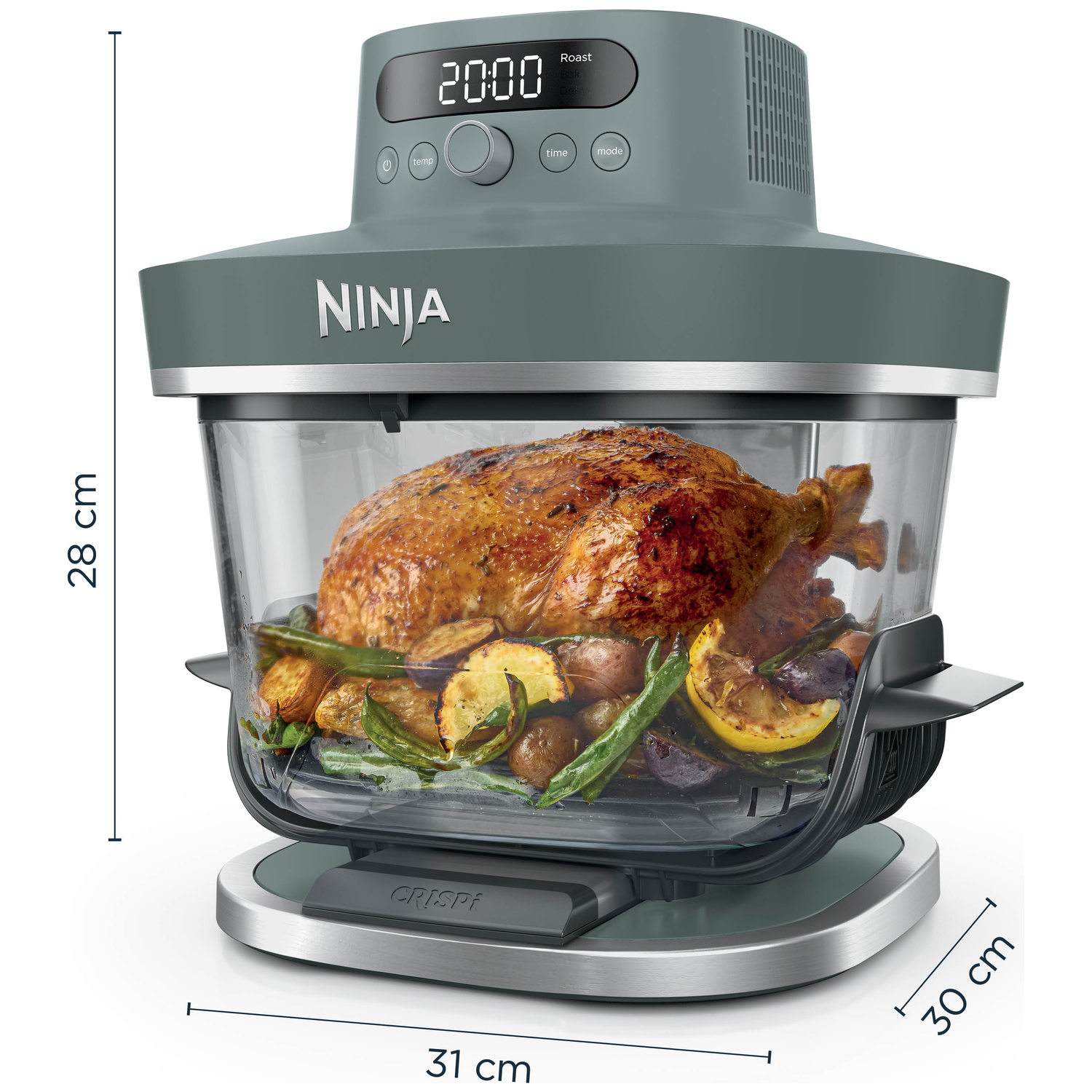 A grey Ninja air fryer oven with roasted chicken and vegetables inside.