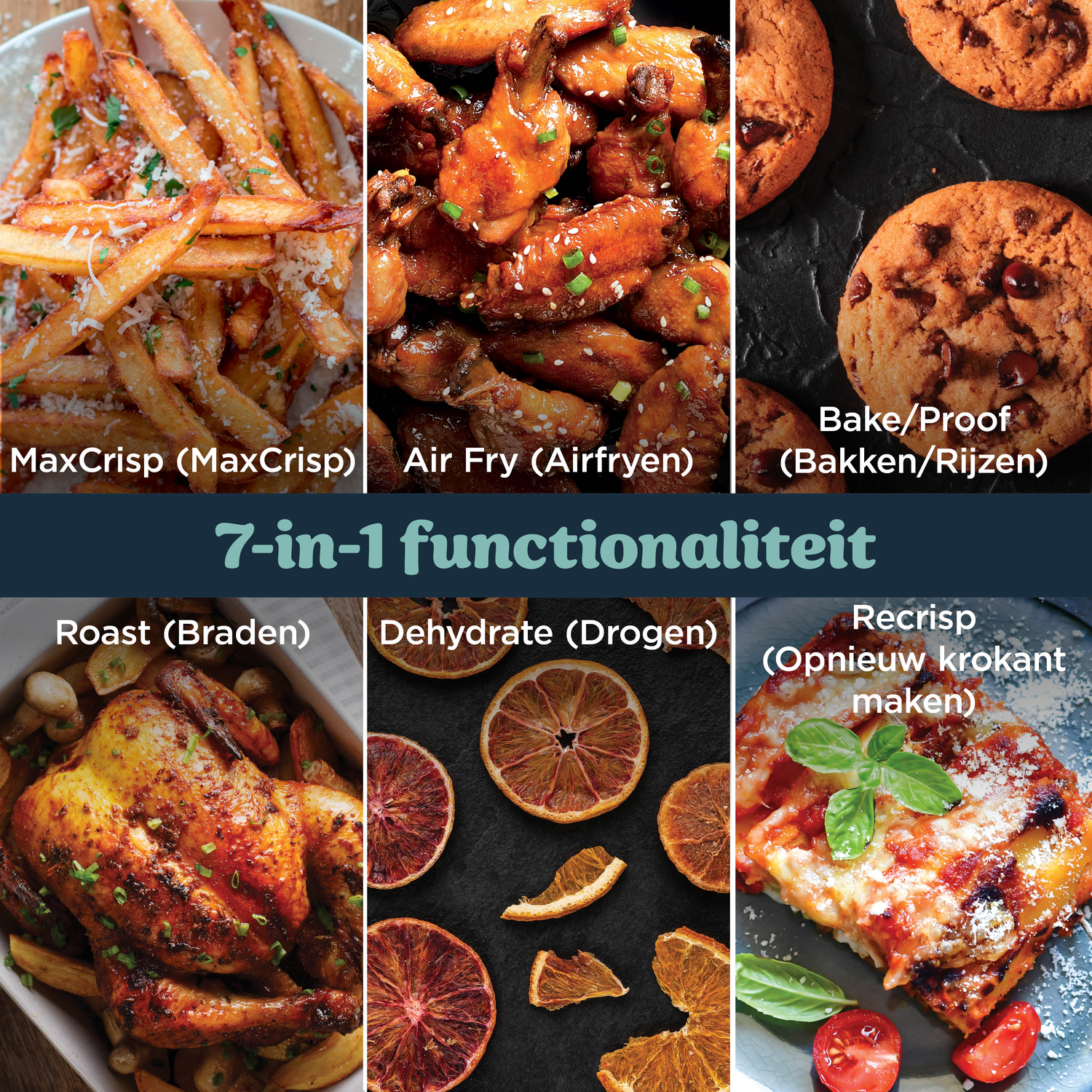 Collage of 6 foods: fries, chicken wings, cookies, roast chicken, dried fruit, lasagna.