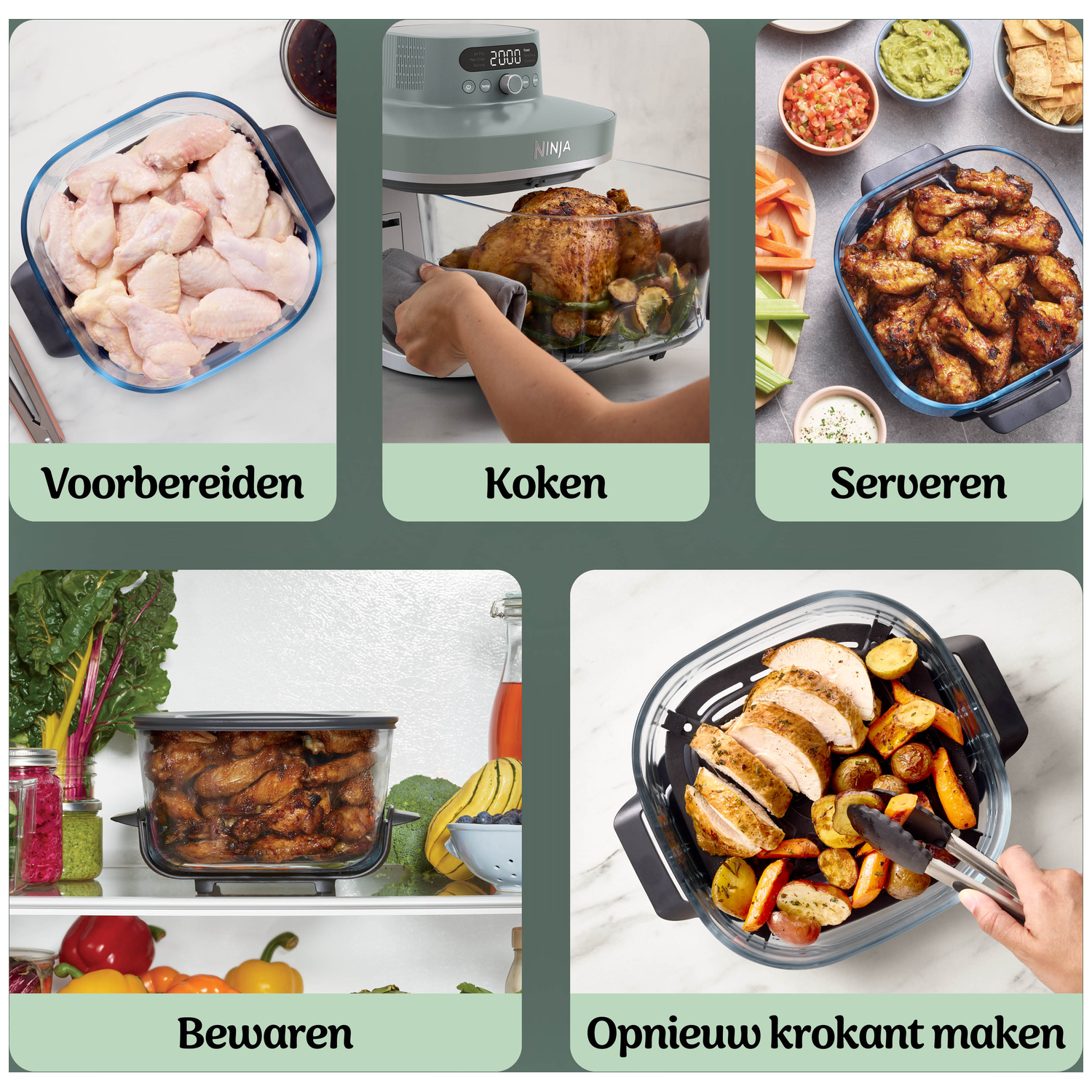 Raw chicken wings, a roasted chicken, cooked wings, stored wings, and roasted chicken with potatoes.