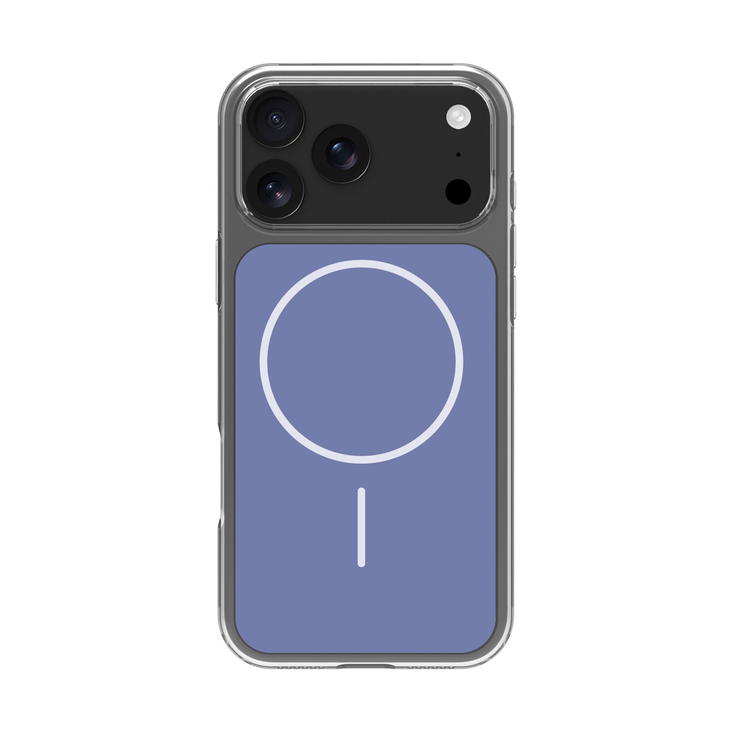 Custodia trasparente per telefono con lenti fotocamera in alto e cerchio MagSafe viola.