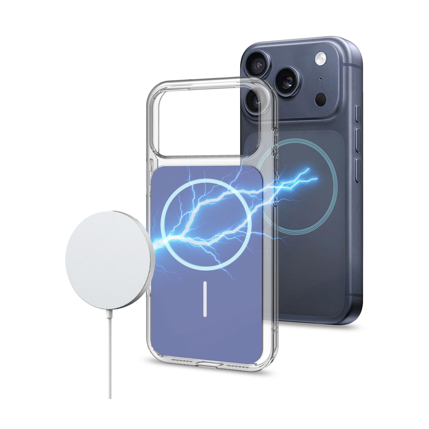 Un iPhone con una custodia e un caricabatterie magnetico accanto.