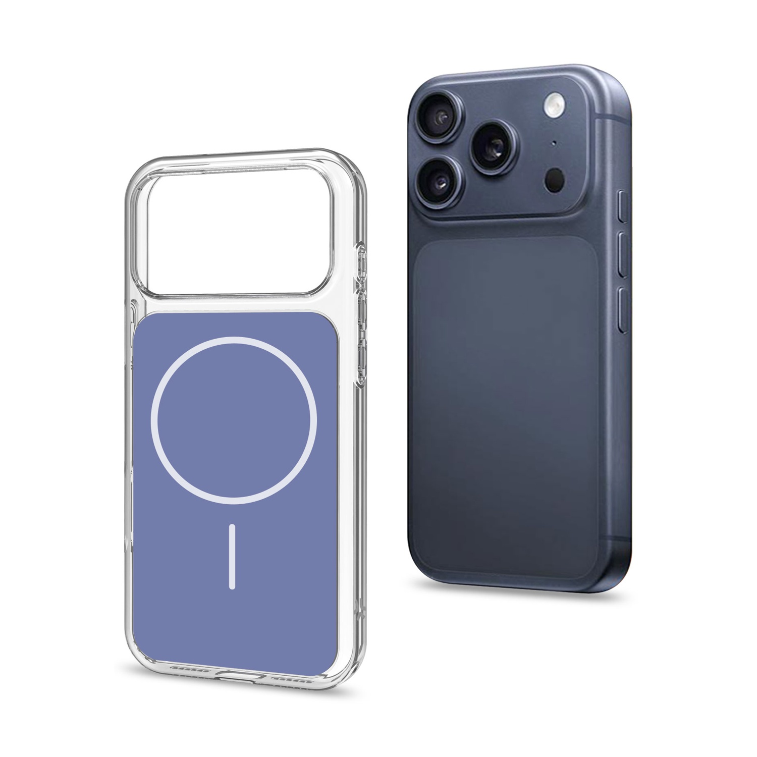 Una cover trasparente accanto a uno smartphone scuro con tre fotocamere.