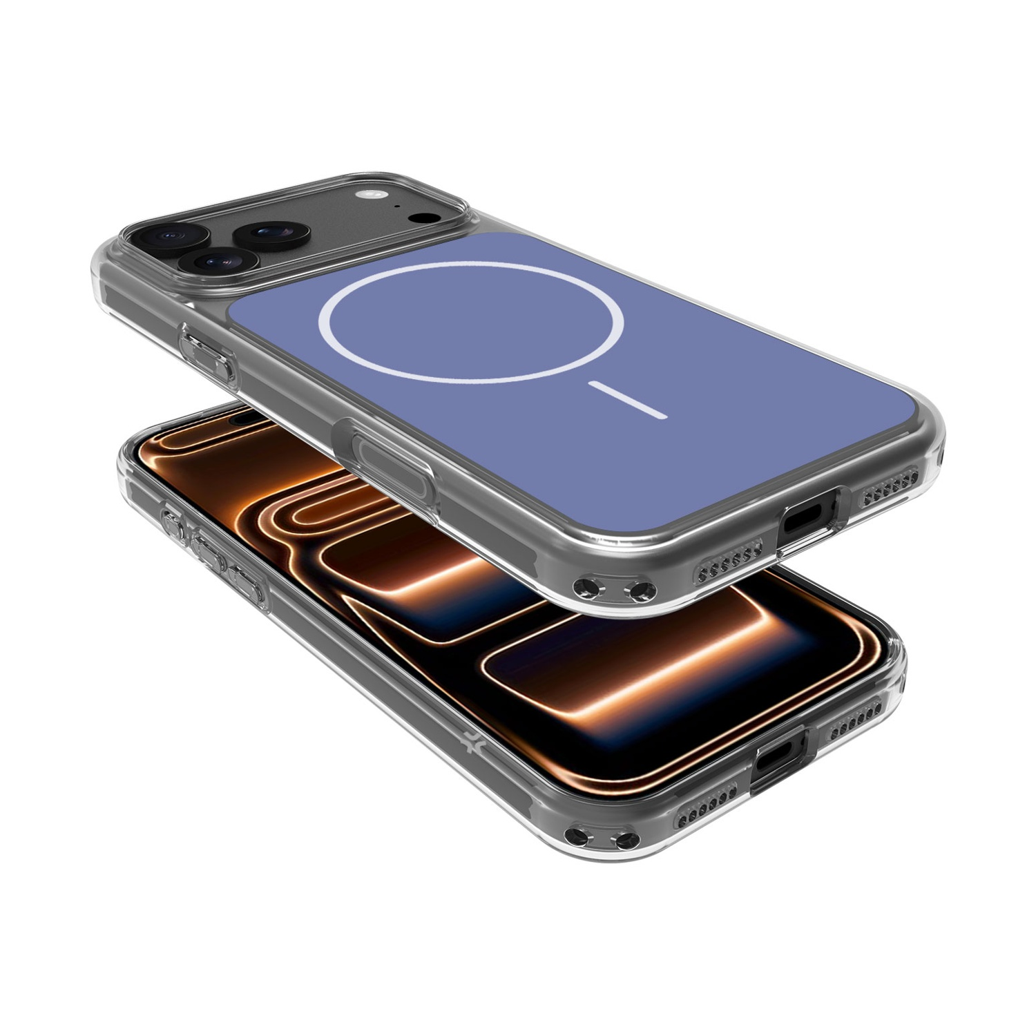 Due custodie trasparenti per telefono con sfondo blu e cerchio bianco.