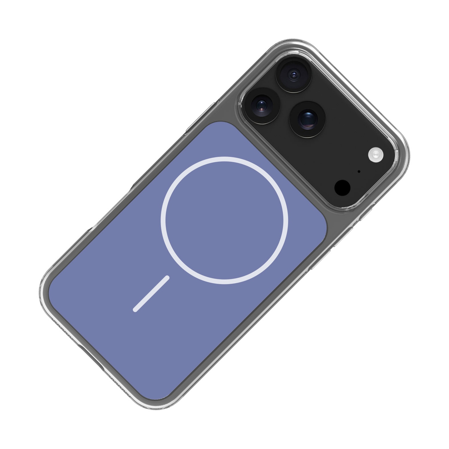 Una custodia viola per iPhone con simbolo di anello magnetico e fotocamere.