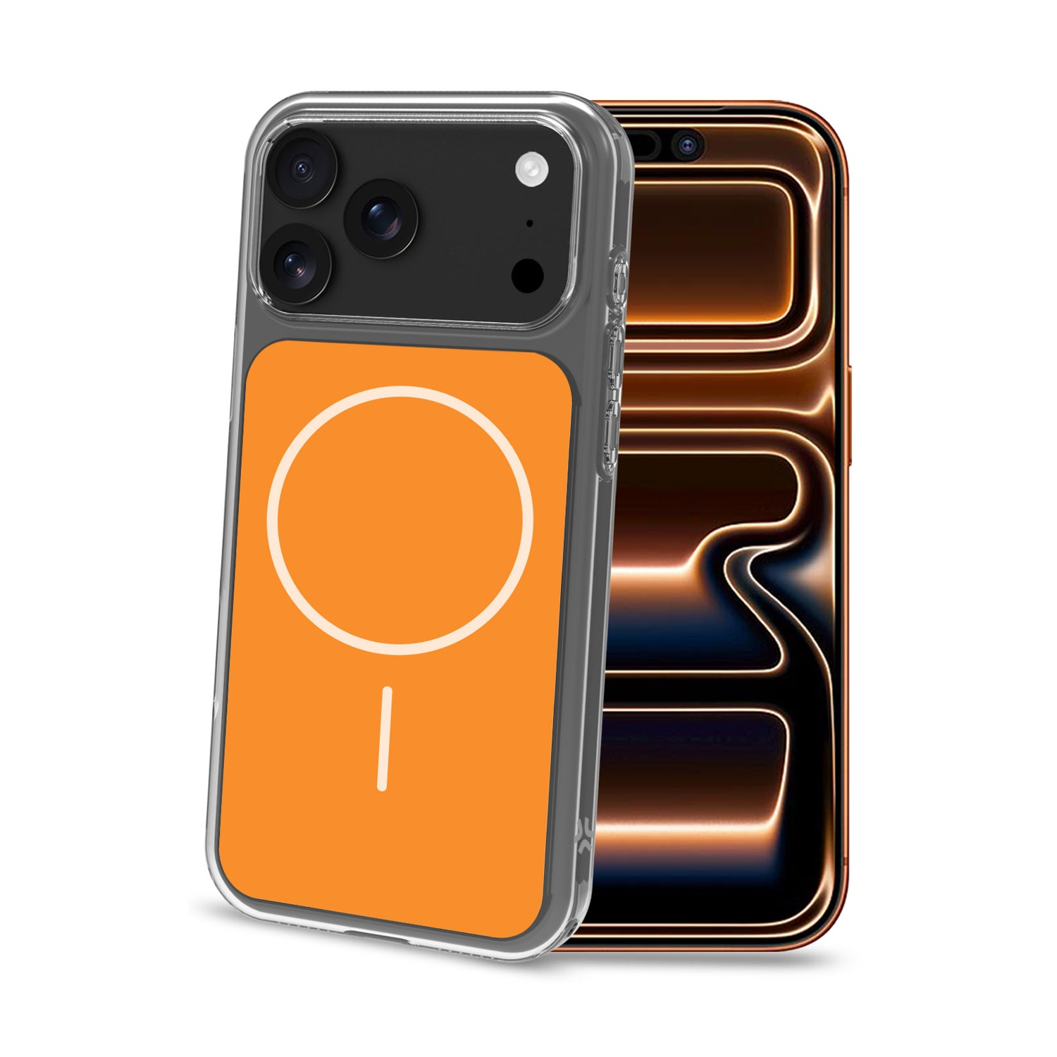 Un iPhone arancione con custodia MagSafe e retro con effetti luminosi.
