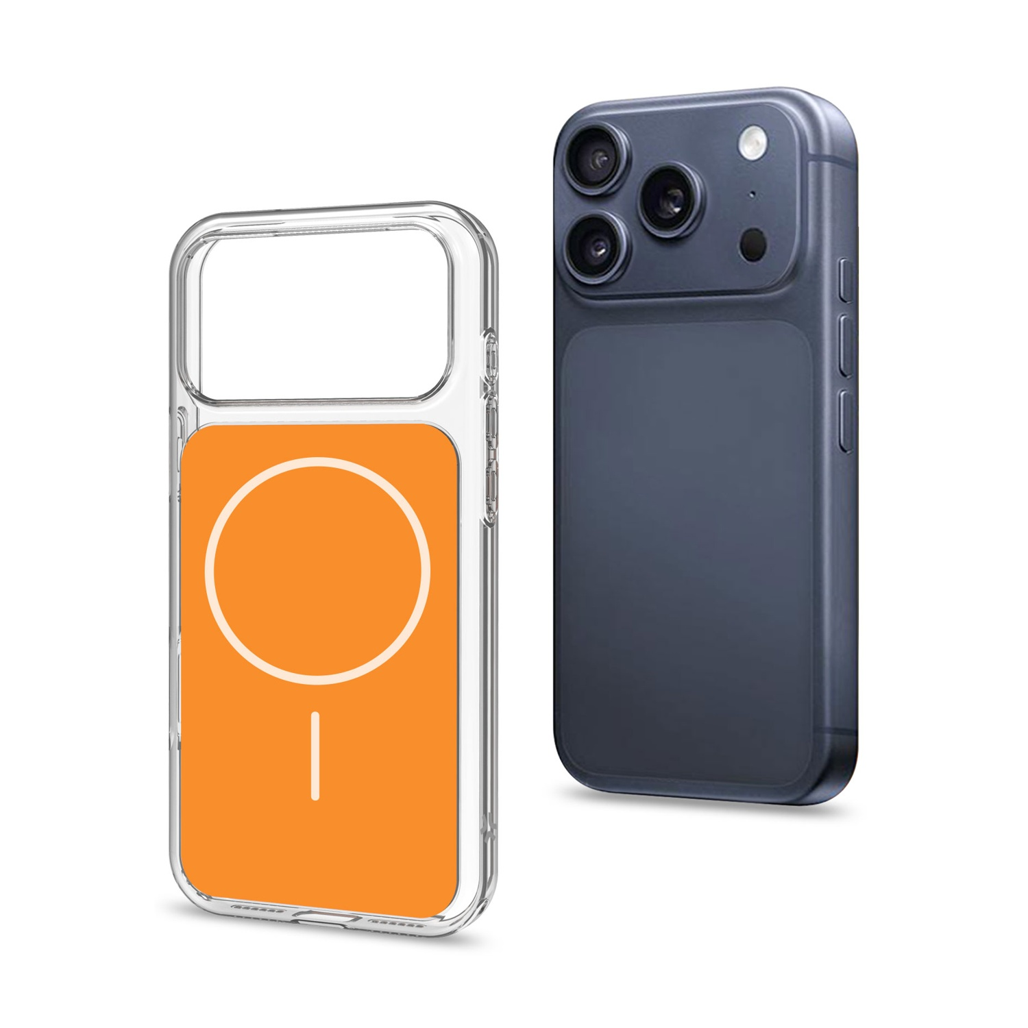 Una custodia trasparente per telefono con retro arancione accanto a un telefono scuro.