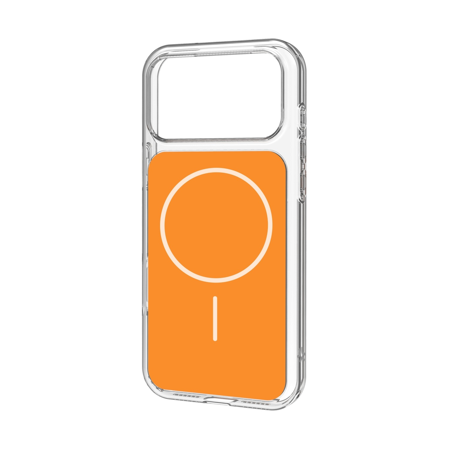 Custodia trasparente per telefono con retro arancione e design bianco cerchio/linea.