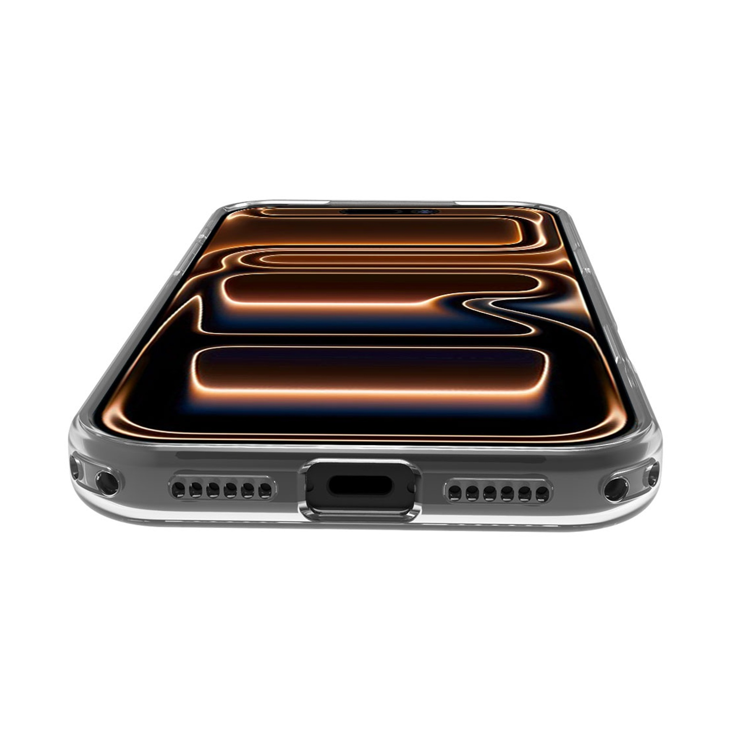 Una cover trasparente per telefono con sfondo scuro e linee arancioni.