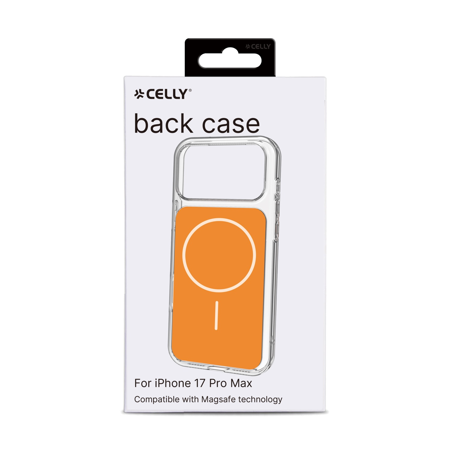 Confezione di una custodia trasparente per telefono con cerchio MagSafe arancione per iPhone 17 Pro Max.