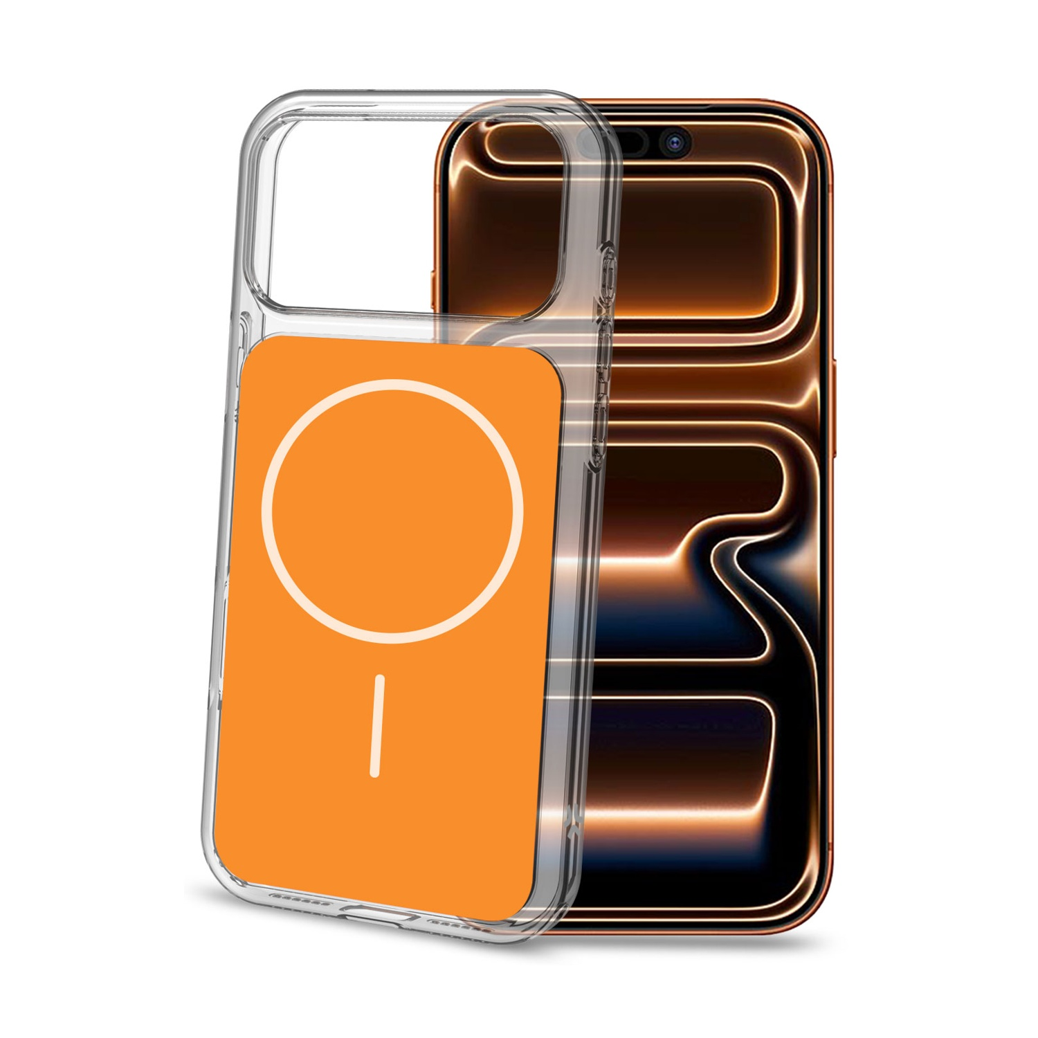 Custodia trasparente per telefono con retro arancione e logo cerchio/linea.
