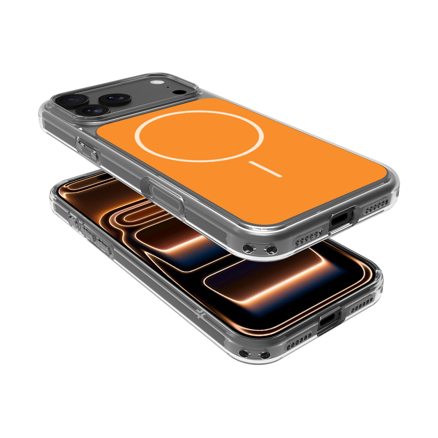 Custodia trasparente per iPhone con retro arancione e design a cerchio/linea bianca.
