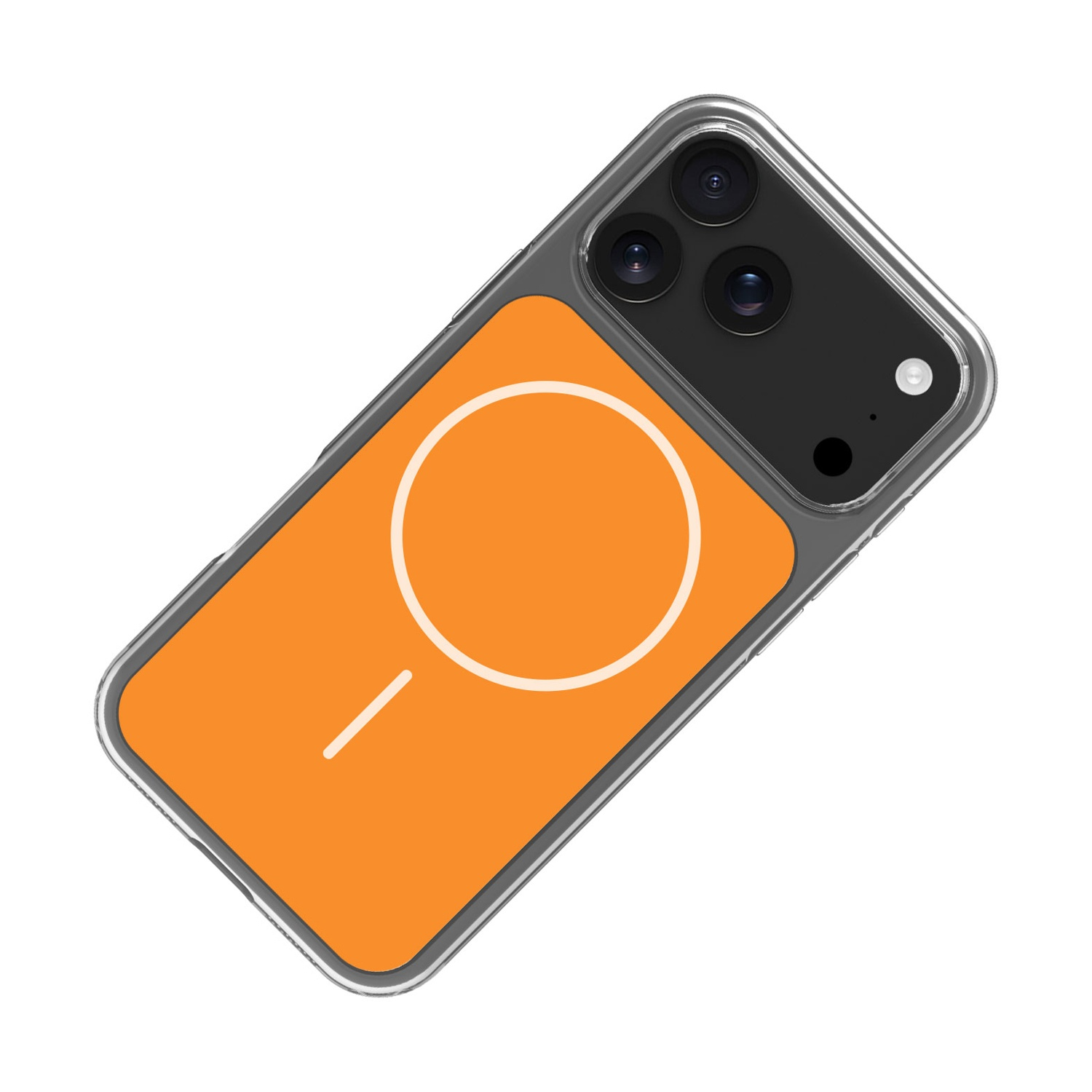 Custodia per telefono arancione con design a cerchio e linea bianchi e un rigonfiamento della fotocamera.