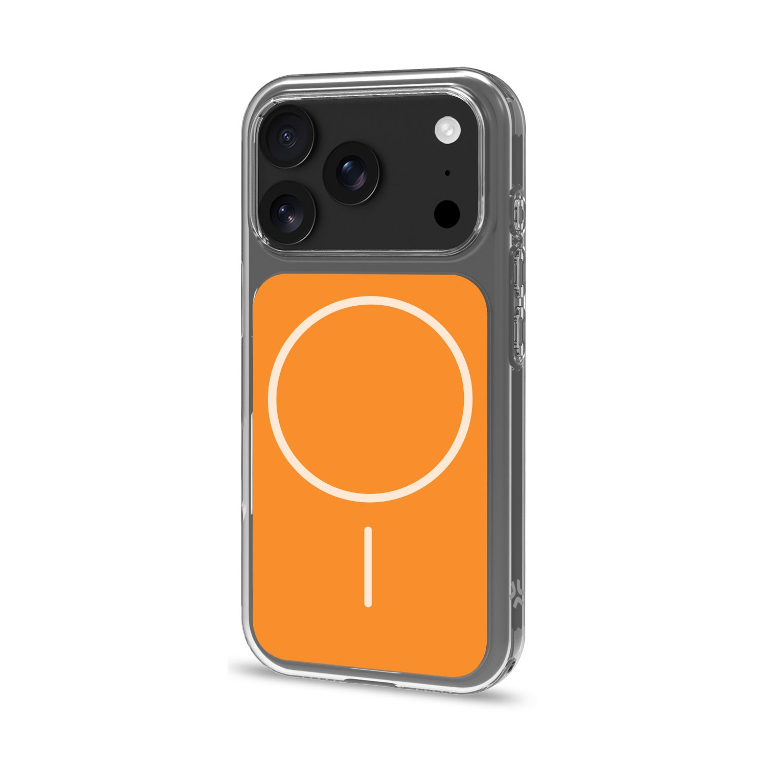 Una cover trasparente per telefono con un design arancione a cerchio e linea.