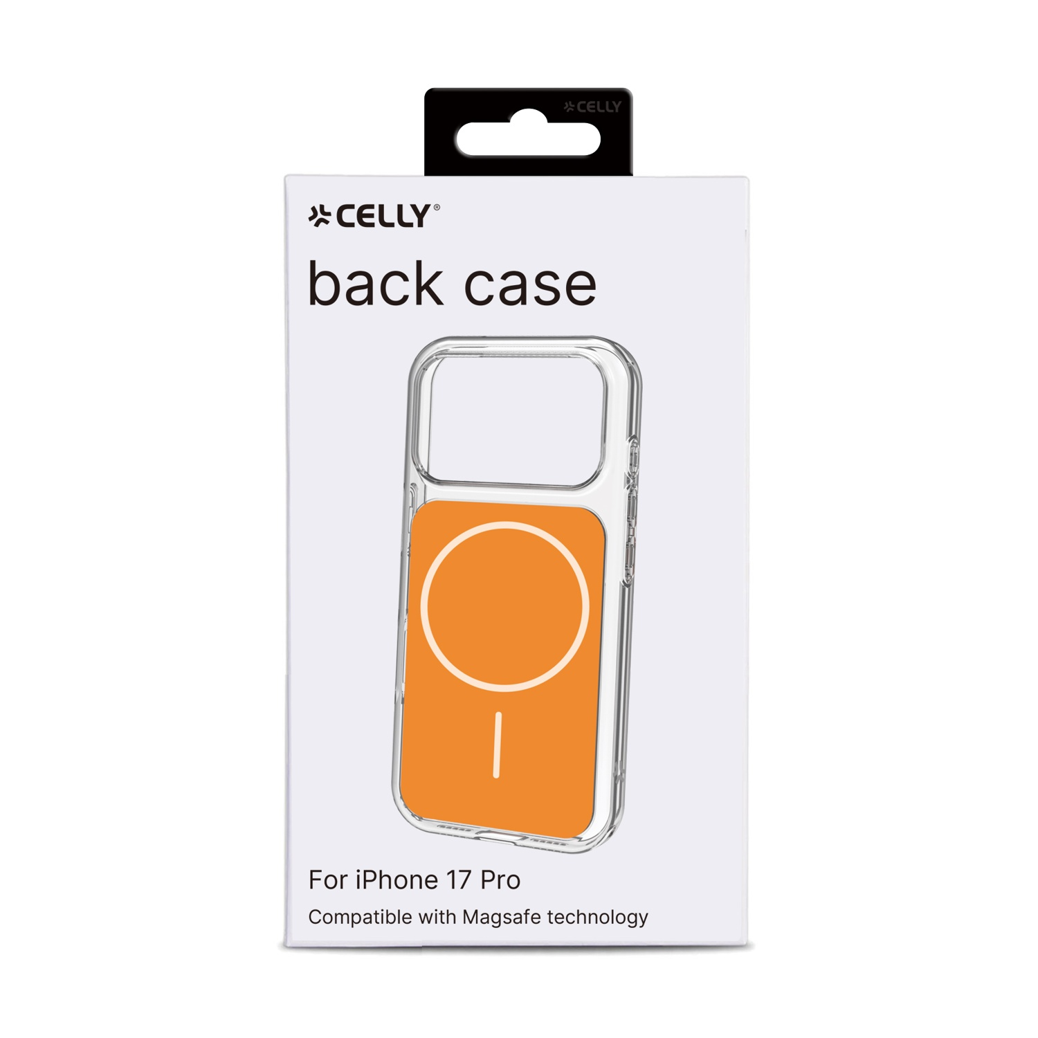 Confezione per cover trasparente iPhone 17 Pro con cerchio Magsafe arancione.