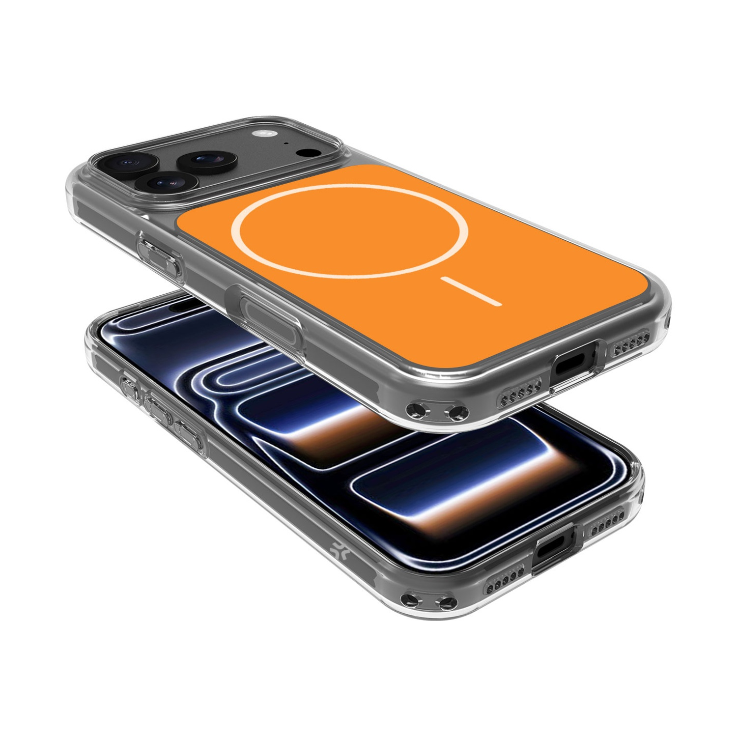 Una cover trasparente per telefono con anello magnetico arancione su sfondo bianco.
