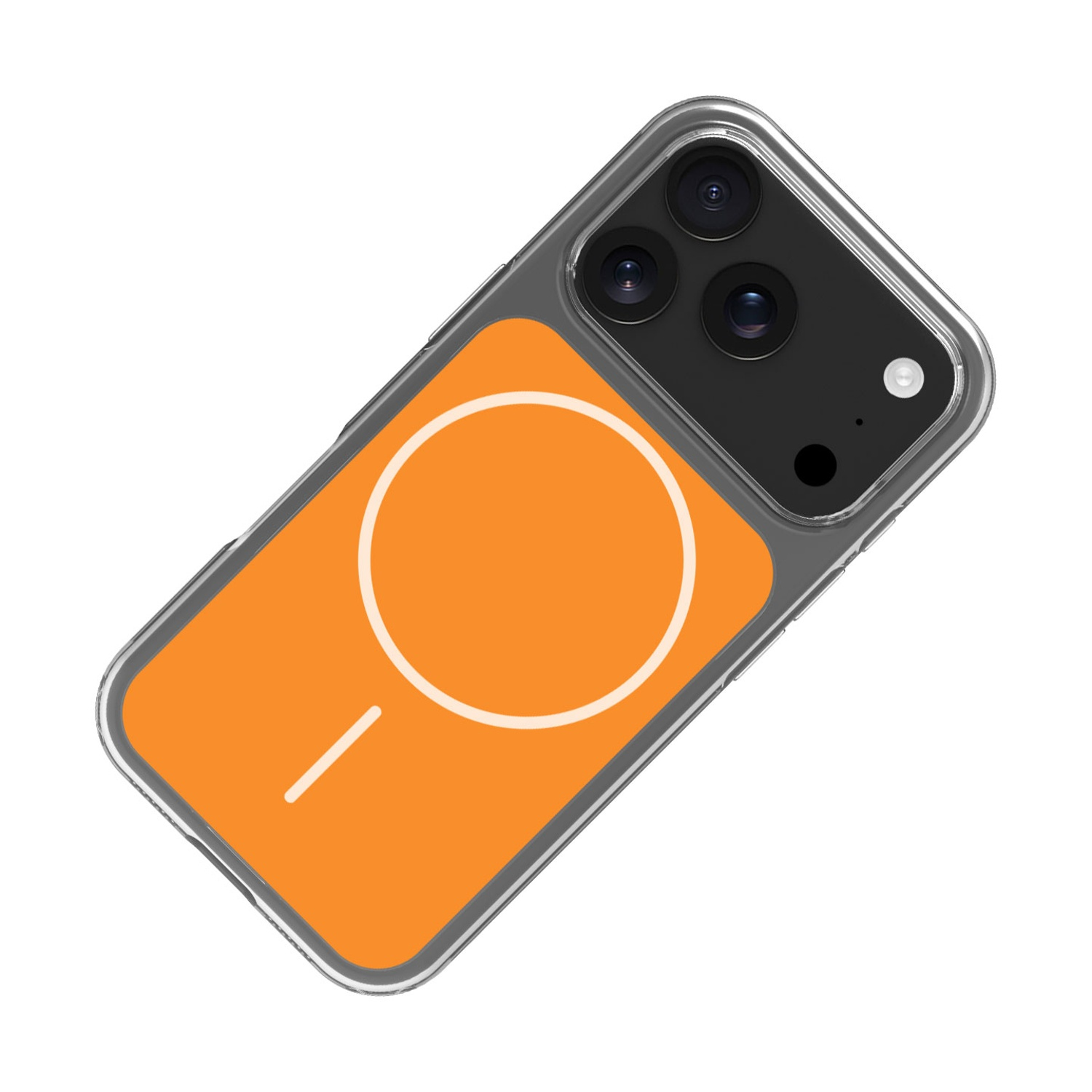 Una cover per telefono arancione con cerchio e linea bianchi.