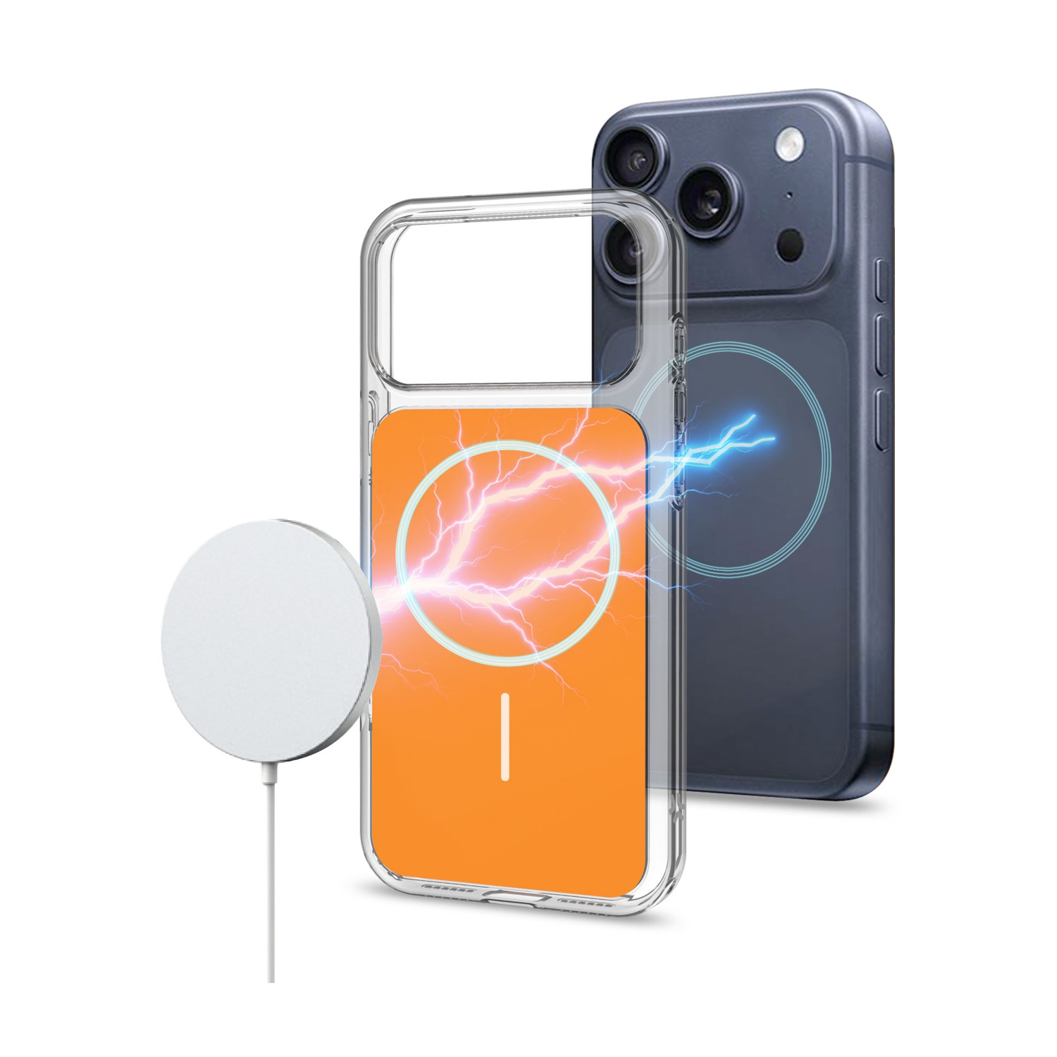 Una custodia trasparente con inserto arancione e fulmini, accanto a un telefono scuro.