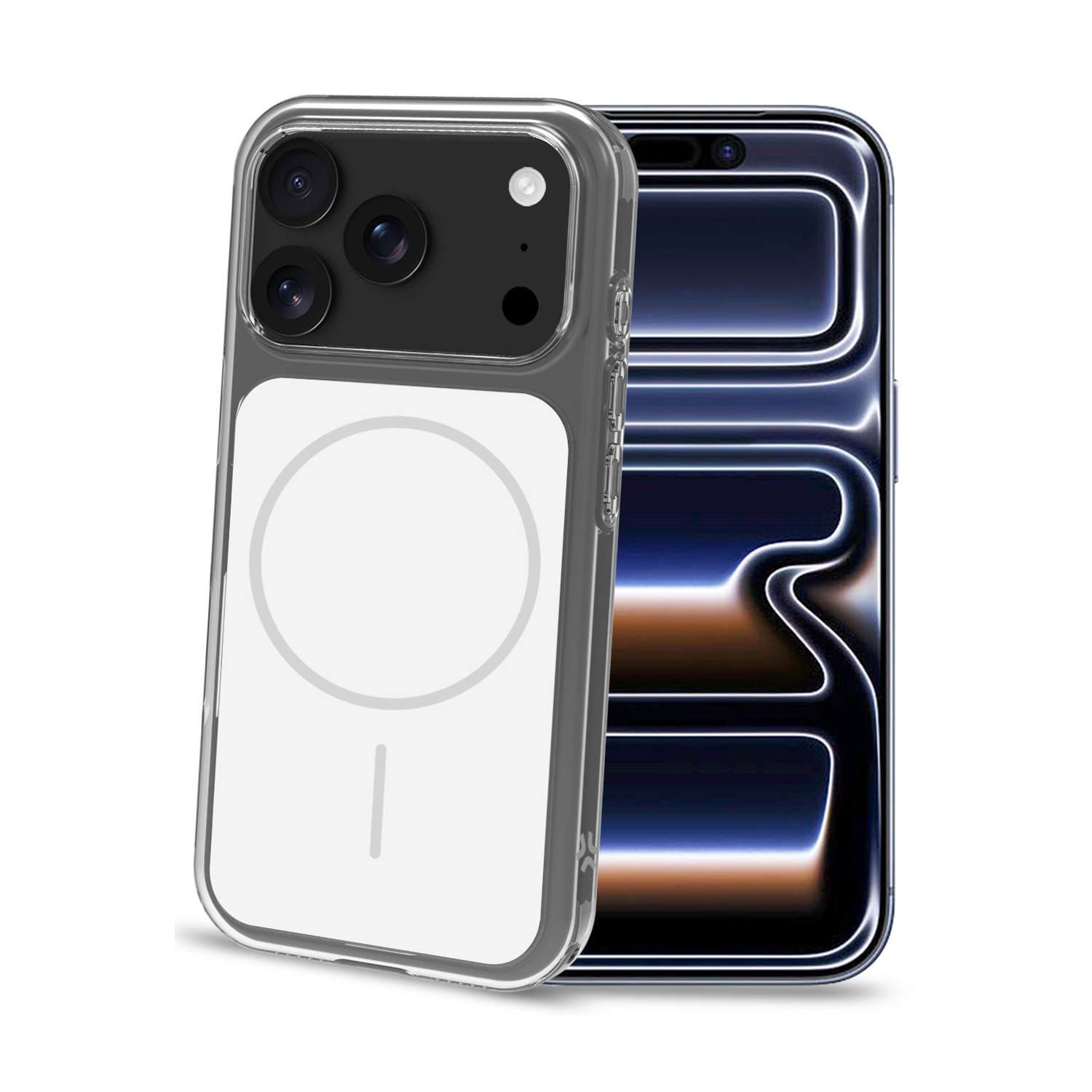 Una custodia trasparente per iPhone con anello magnetico davanti a un iPhone stilizzato.