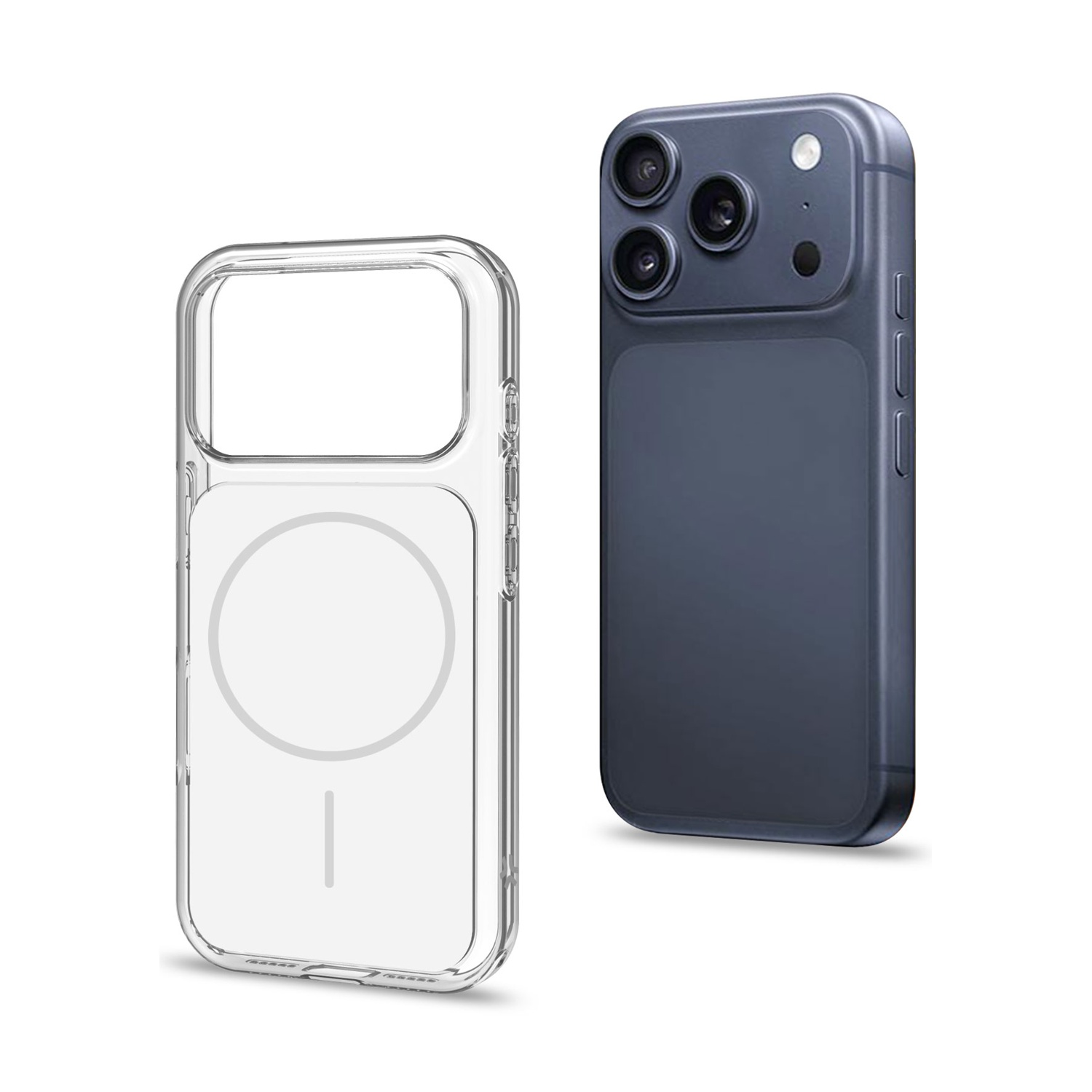 Una custodia trasparente per telefono accanto a uno smartphone scuro con tre fotocamere.