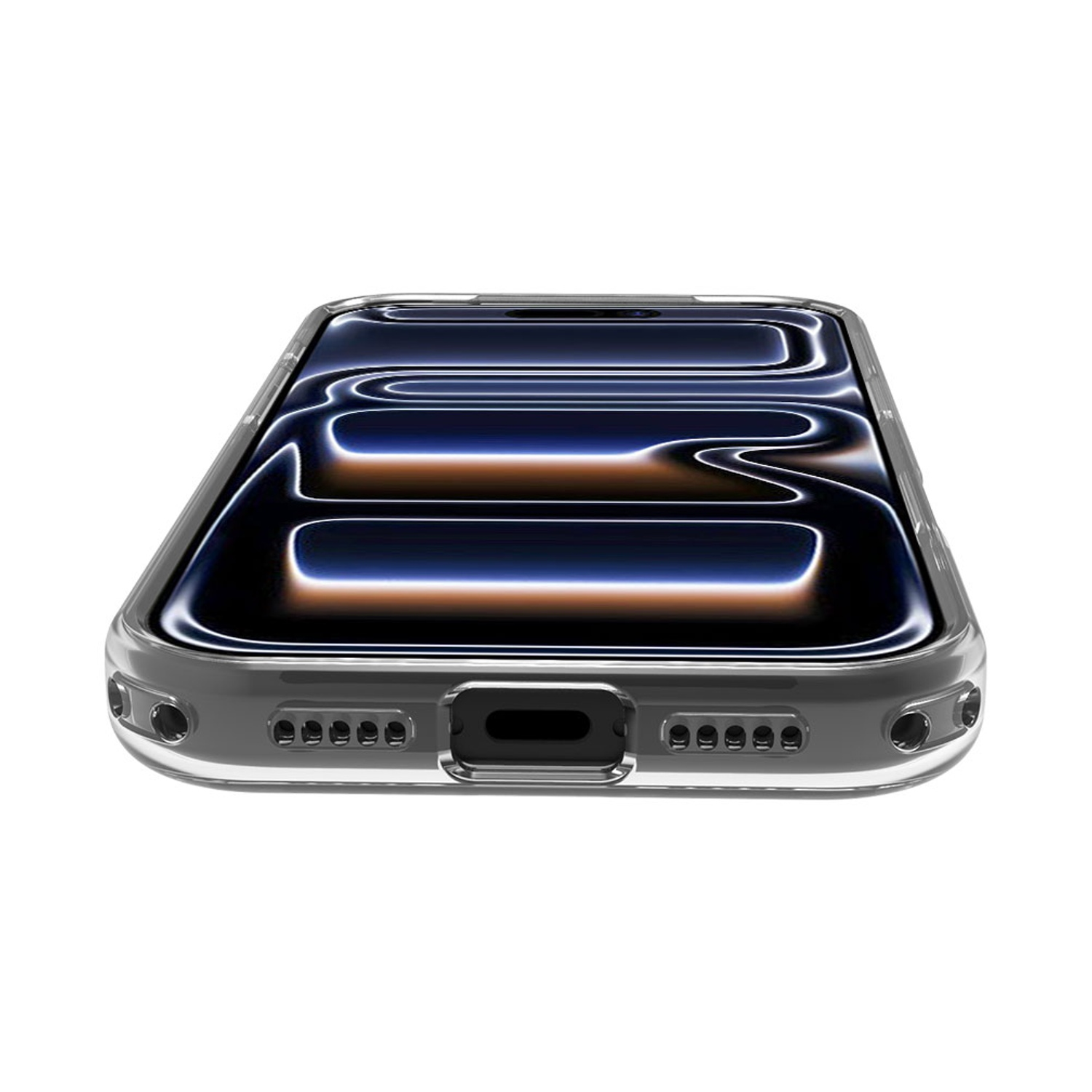 Una cover trasparente per telefono con motivo astratto scuro sullo schermo.