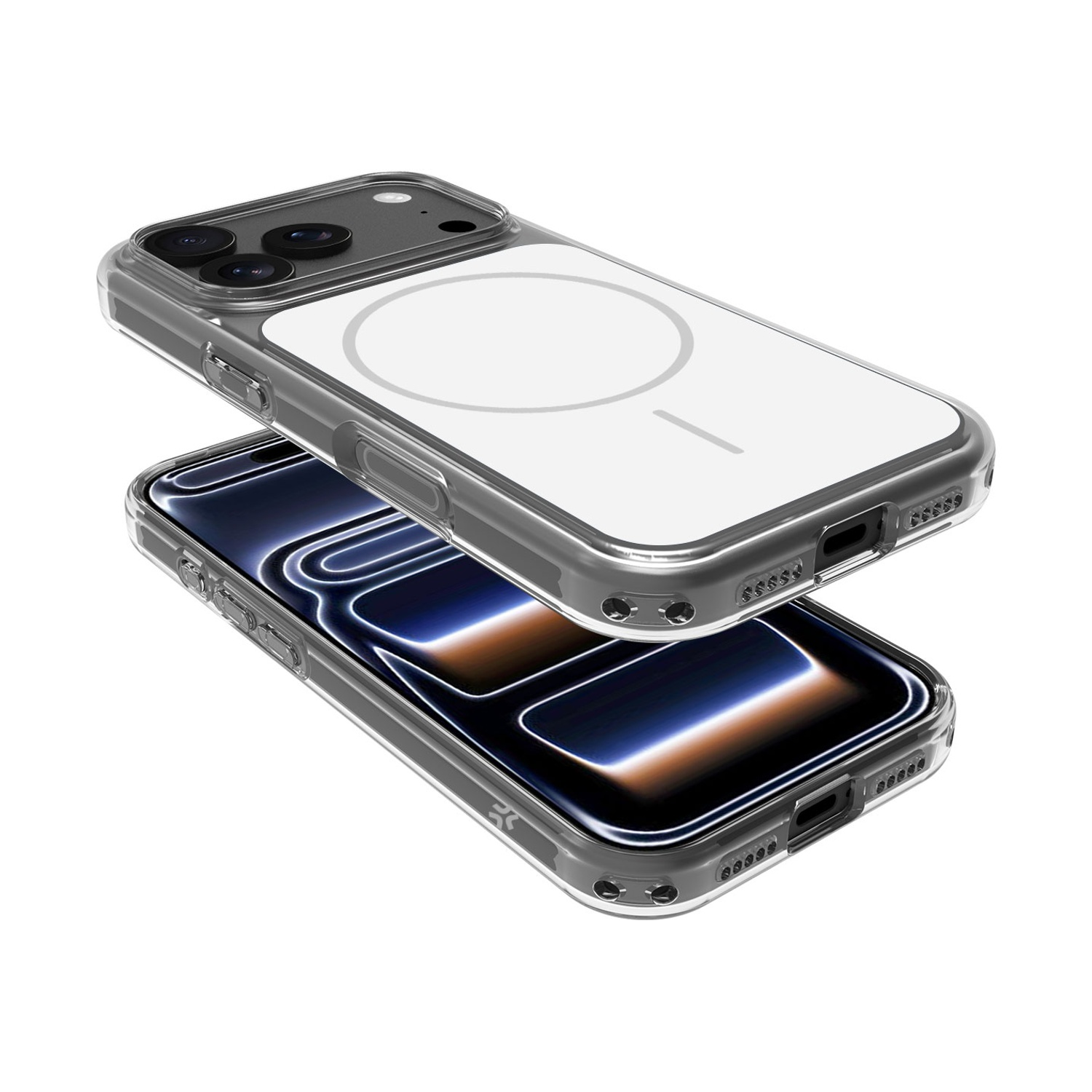 Custodia trasparente per iPhone con cerchio MagSafe e fotocamere.